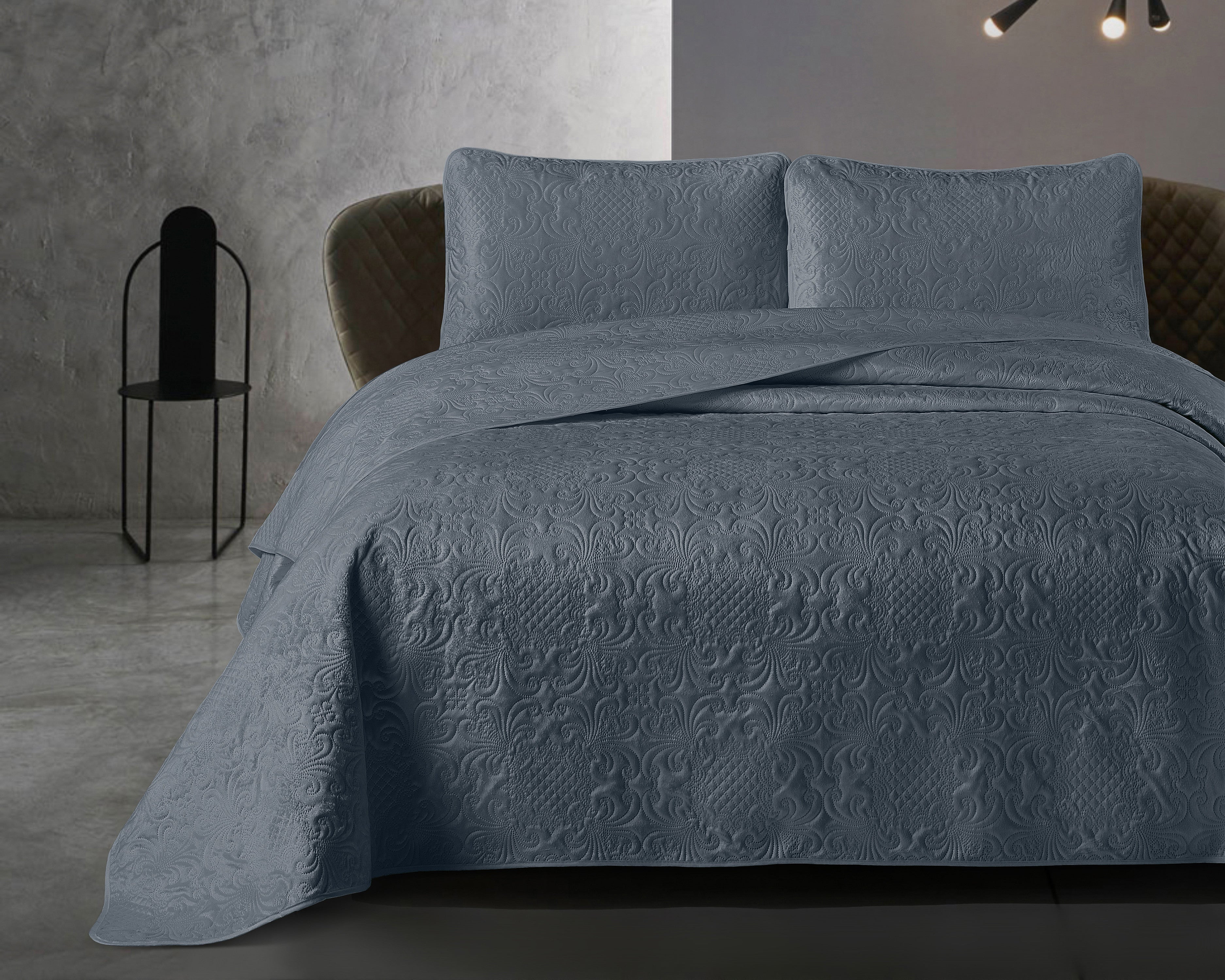 Fløjl Clara sengetæppe med 2 pudebetræk, antracit grå - 260 x 250 cm