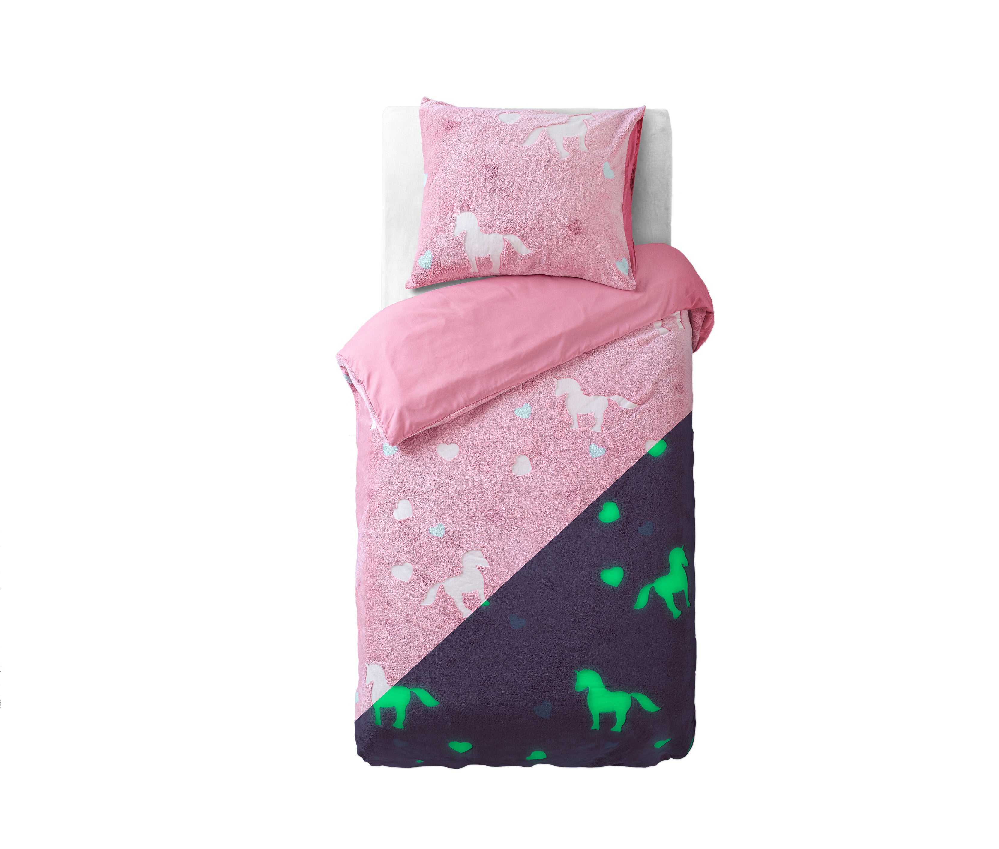 Se Glow in the dark unicorn sengesæt, pink, 135 x 200 cm hos Lammeuld.dk