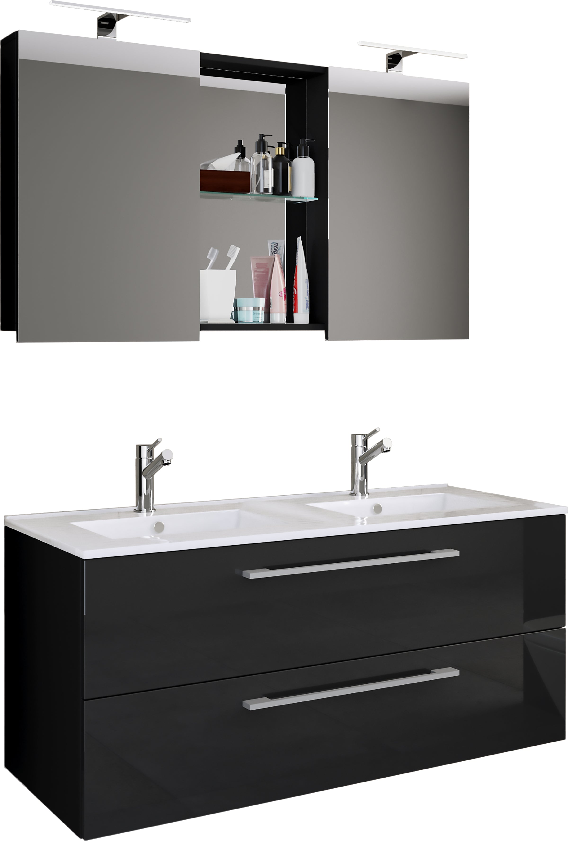 Billede af Underskab med keramisk vask og spejl, h. 51 x b. 111 x d. 46 cm, sort