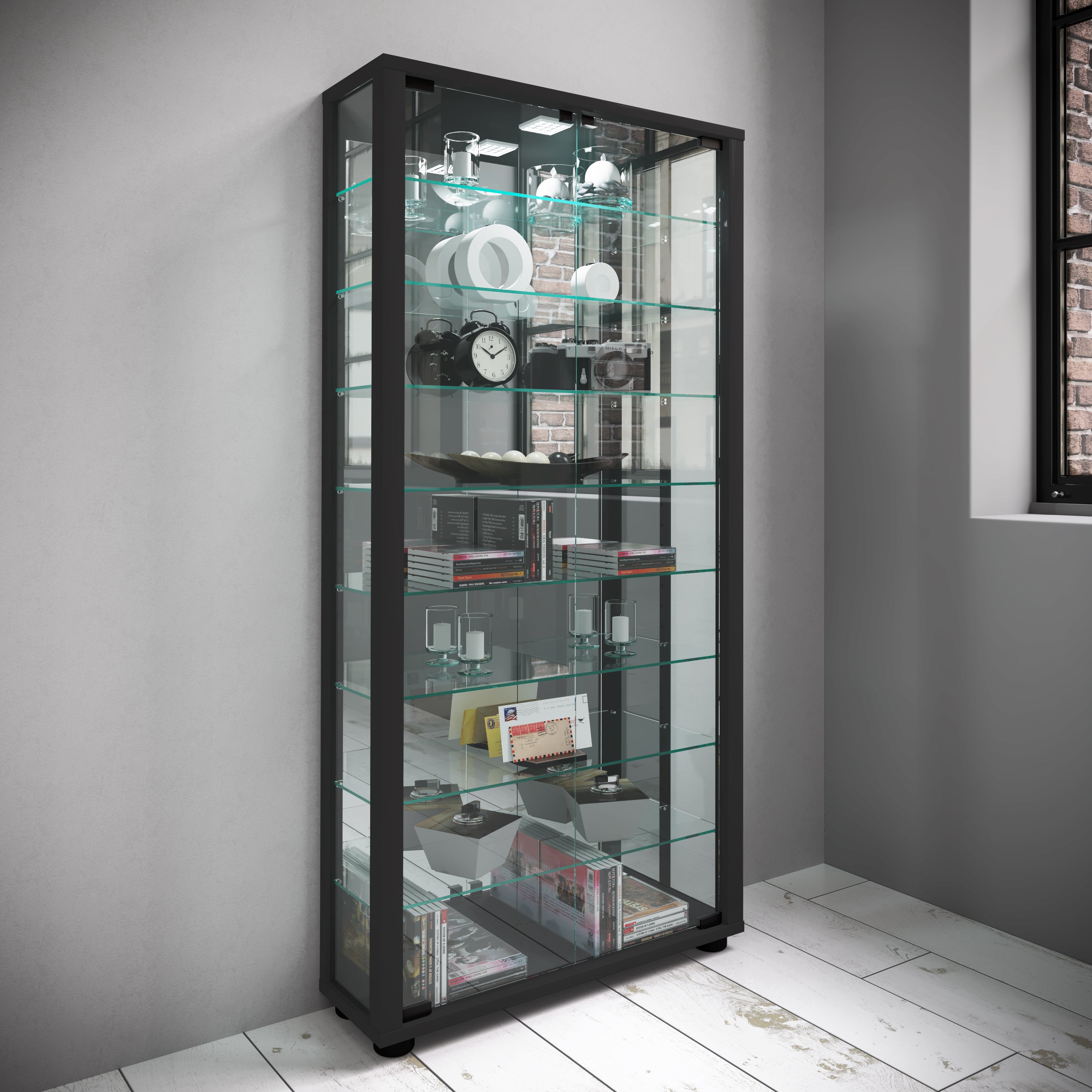 7: Gulvstående vitrineskab med spejl, 115 x 59 x 18 cm, sort