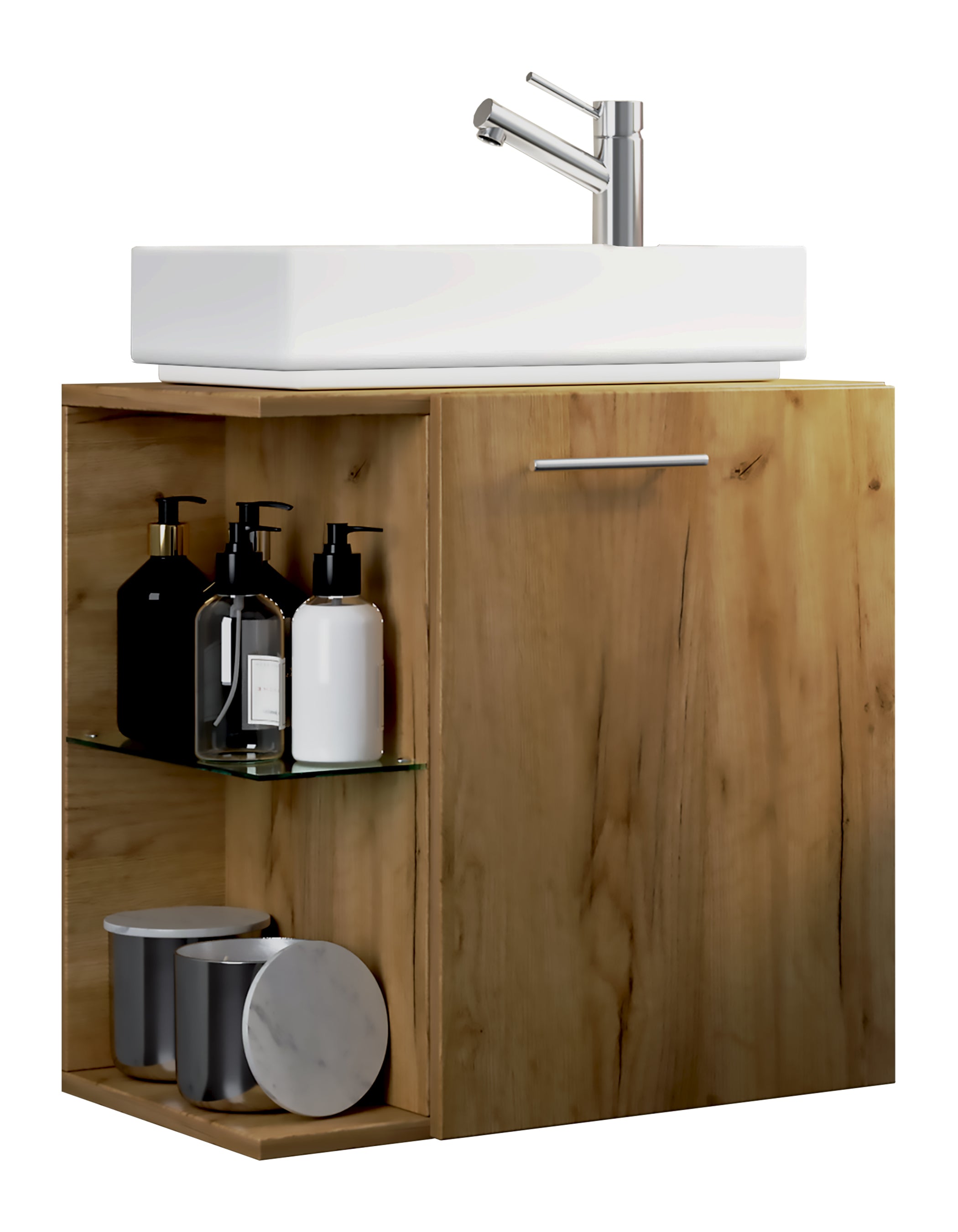14: Badeværelsessæt med underskab og keramisk håndvask, 63 x 52 x 34 cm, naturfarvet