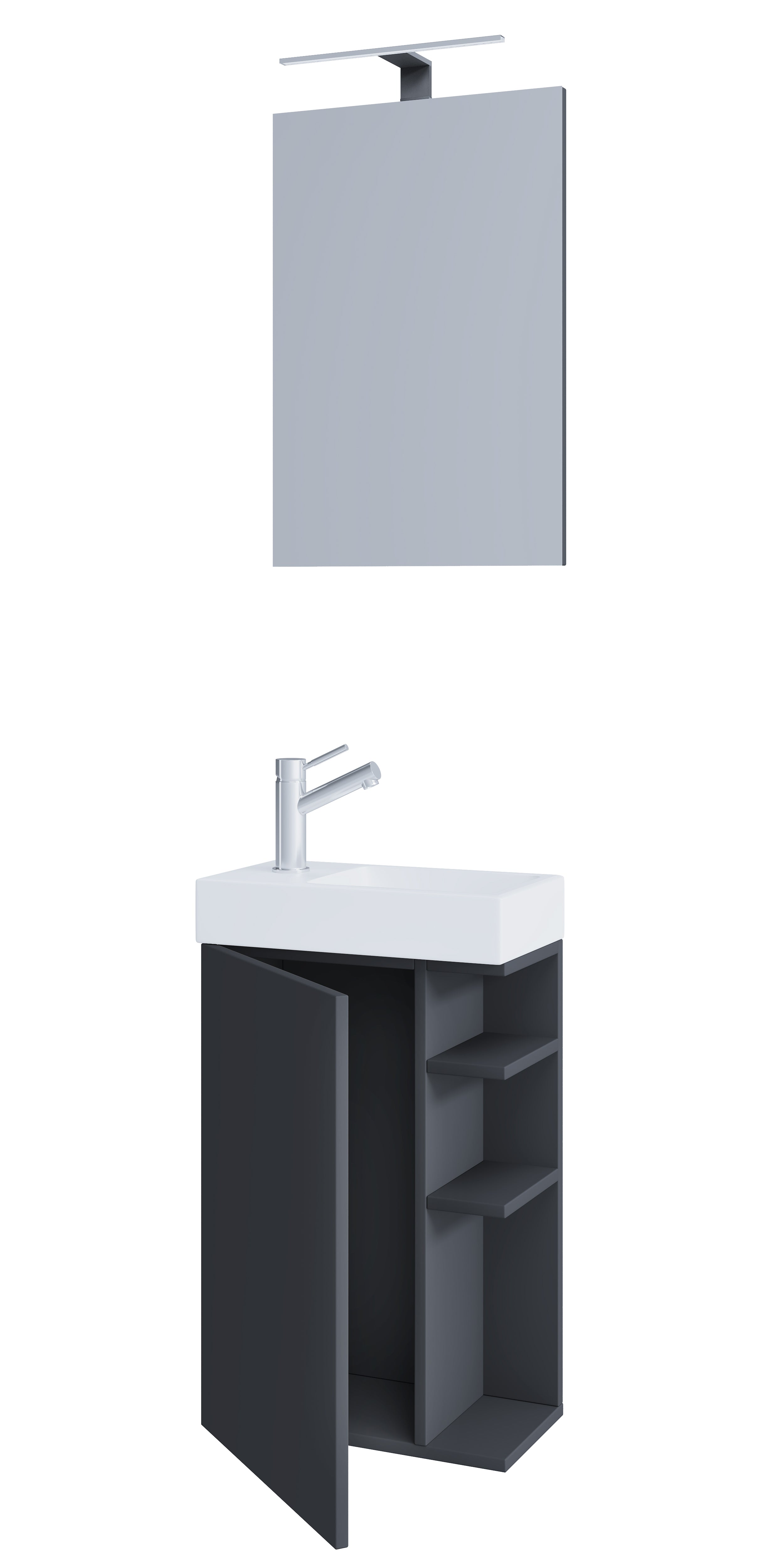 Billede af Badeværelsessæt med underskab, keramisk håndvask og vægspejl, antracit