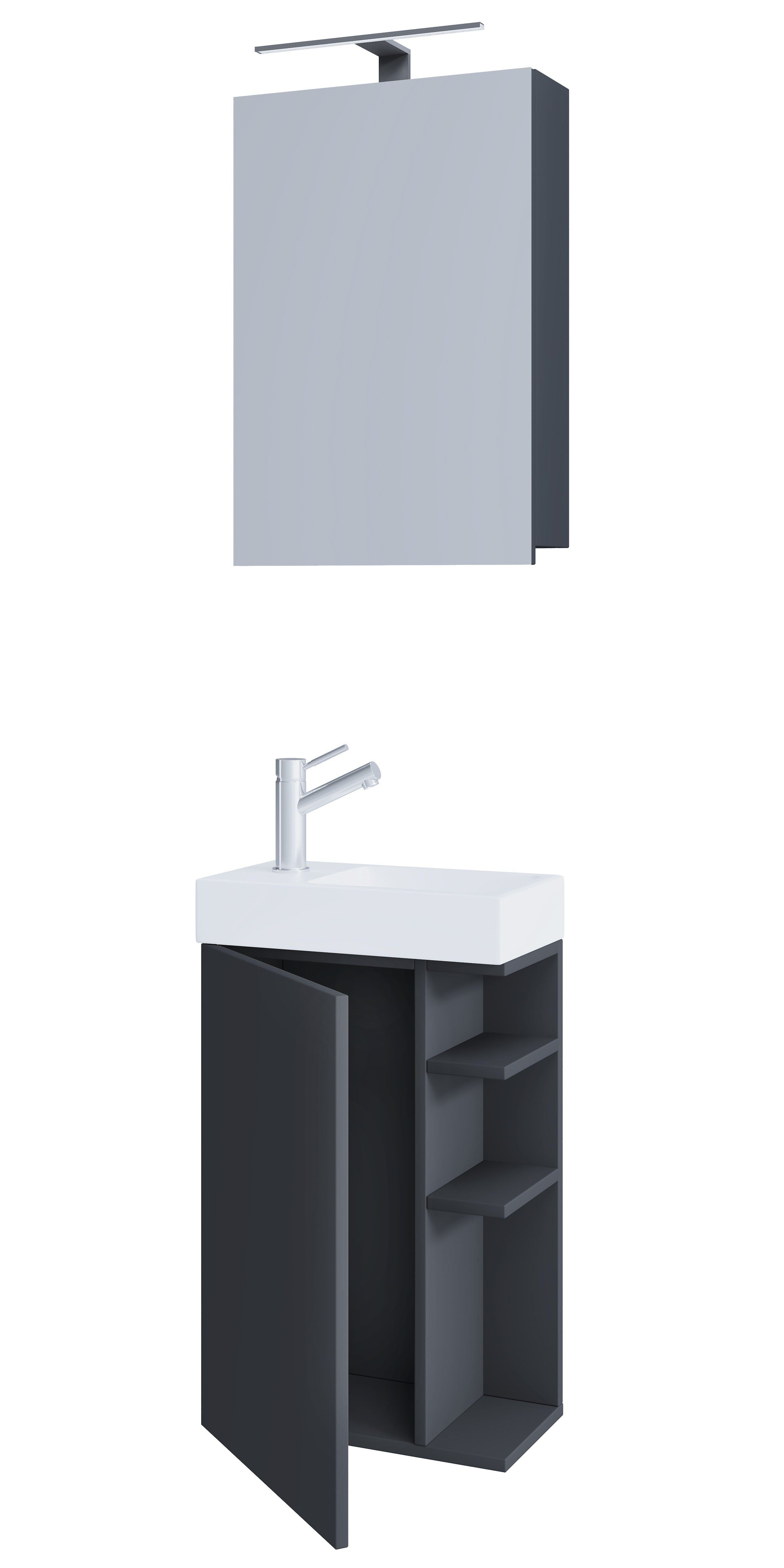 13: Badeværelsessæt med underskab, håndvask og vægspejl, h. 70 x b. 40 x d. 22 cm, antracit