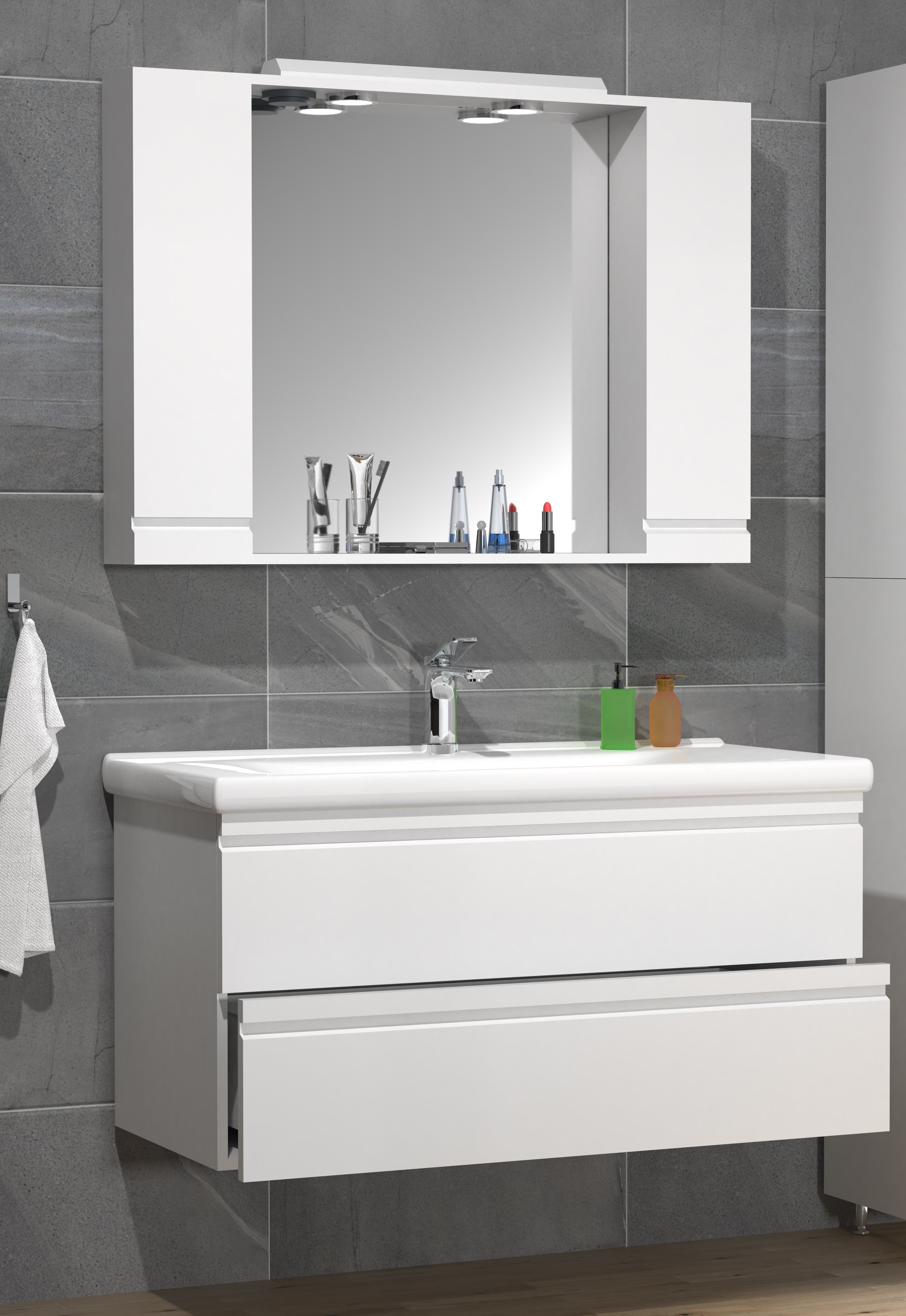 Billede af Badeværelsessæt med underskab, håndvask og vægspejl, H. 54 x b. 100 x d. 46 cm, hvid