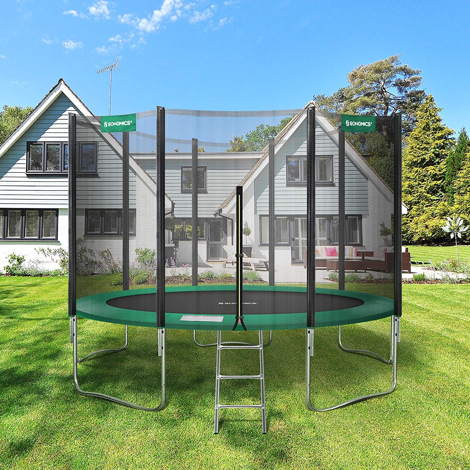 Rund trampolin med stige, sikkerhedsnet, TÃV Rheinland sikkerhedstestet, sort og mørkegrøn
