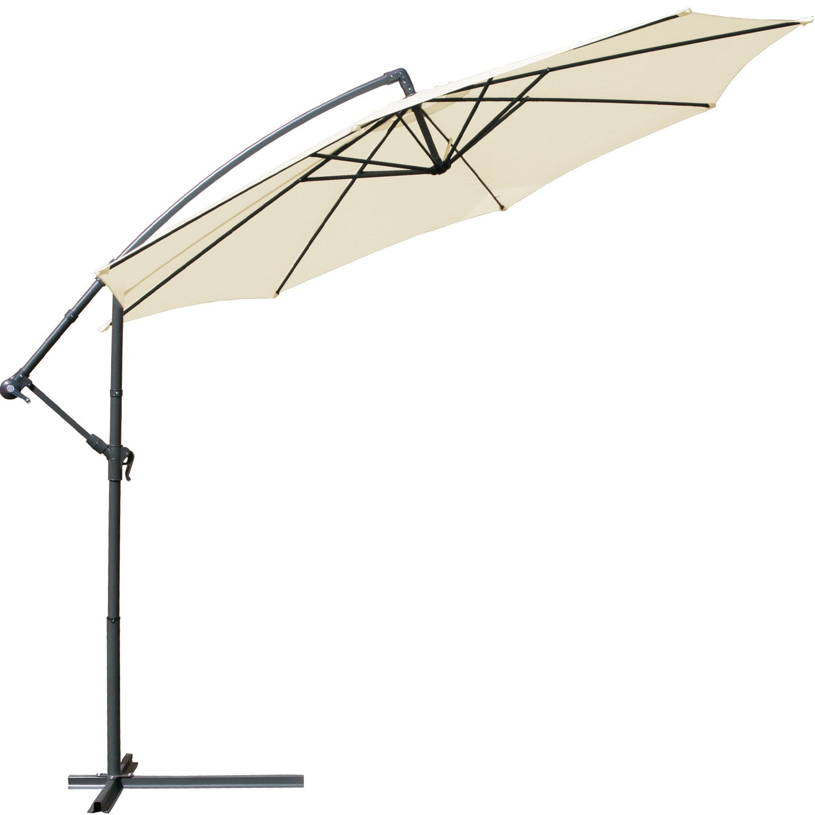 8: Parasol, 350 cm, med stativ, håndsving, vandafvisende, vipbar, beige