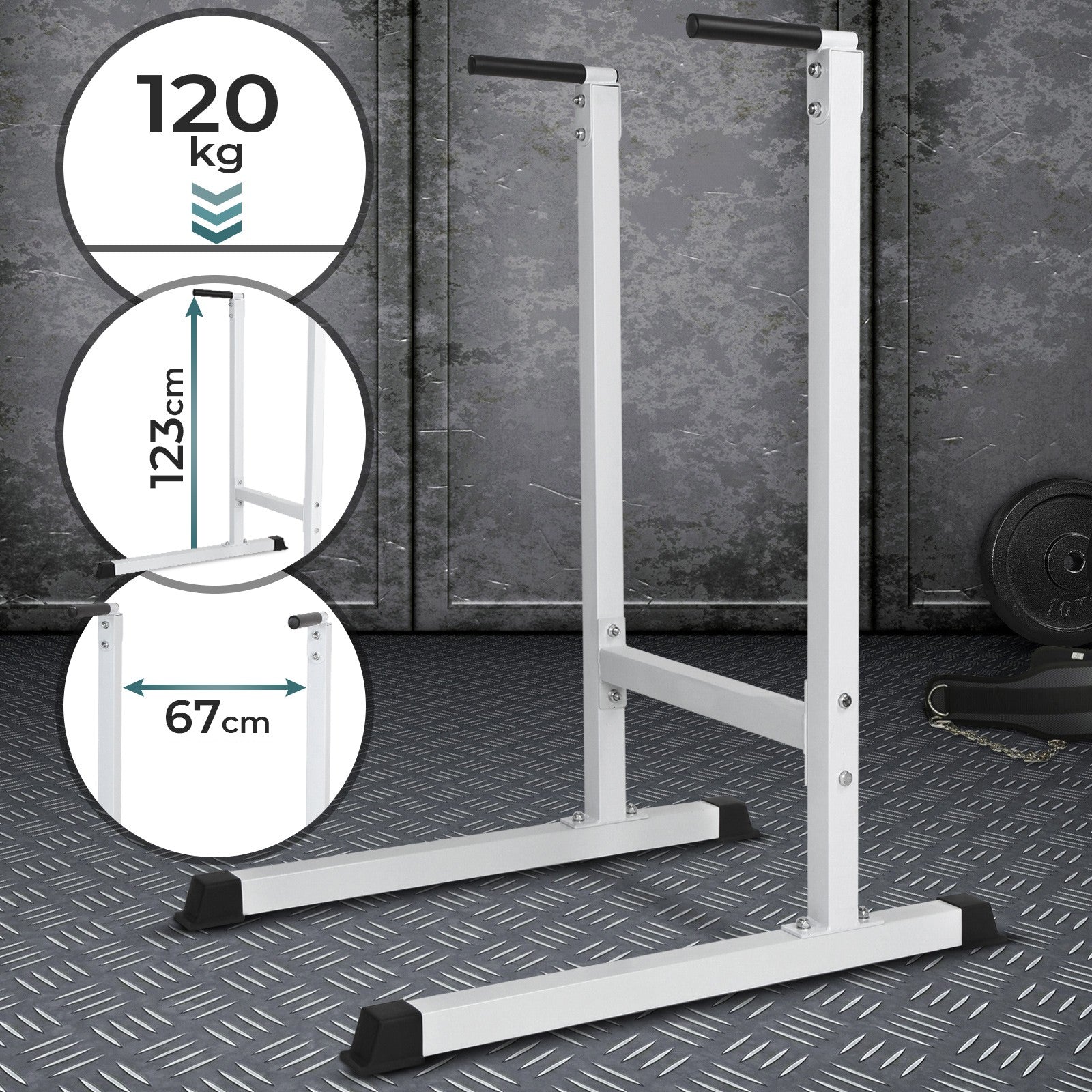 Billede af Dip Station, op til 120 kg, 103/67/123 cm, fritstående, biceps, triceps, mave- og rygtræning, polstrede håndtag, metal, hvid