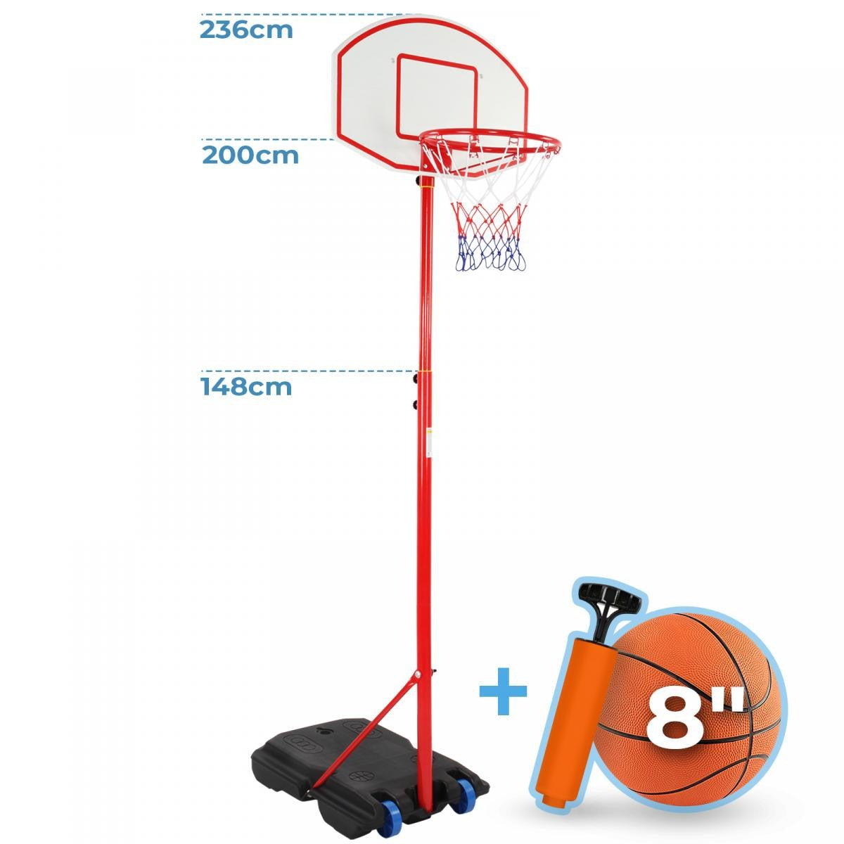 Se Basketballkurv - Justerbar højde (148 - 200), med stativ, luftpumpe, hjul hos Lammeuld.dk