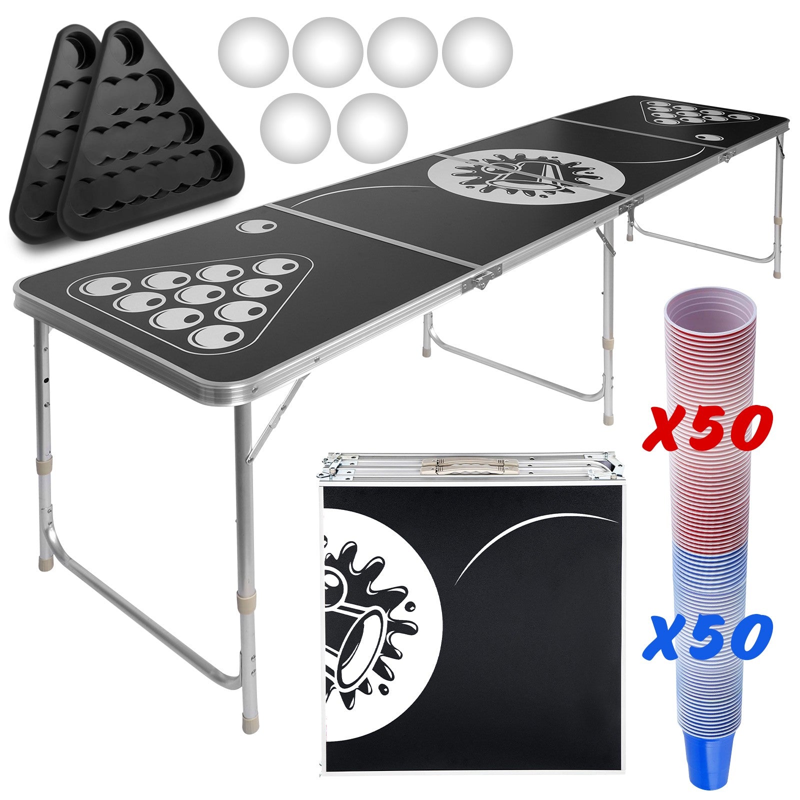 #2 - Beer pong sæt, 6 bolde, 100 kopper, justerbar/foldbar aluminiumsbord