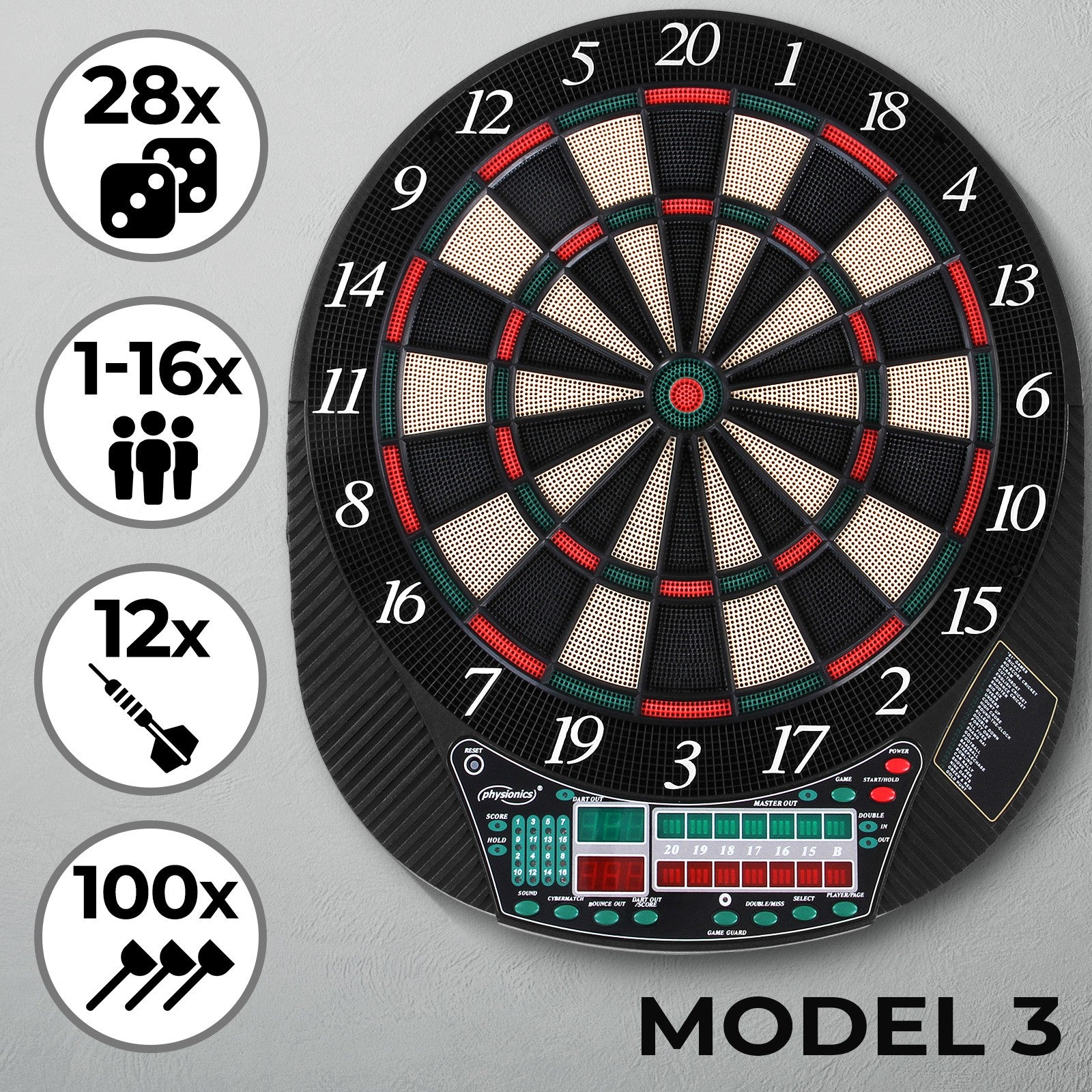 Billede af LED display dartskive - 28 spil, 167 spilvarianter, inklusive 12 dartpile, 100 erstatningspilespidser og strømforsyning