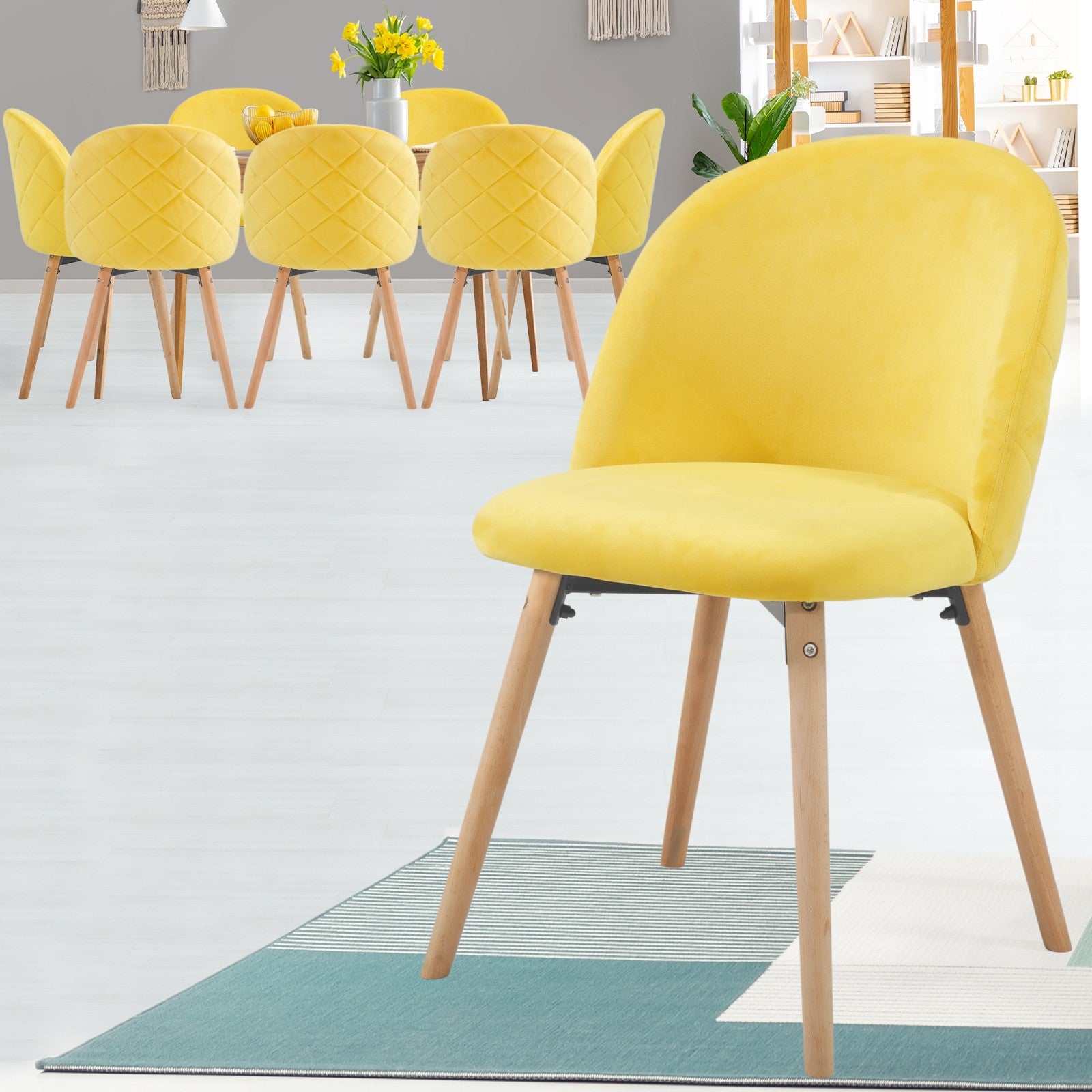 Se Spisebordsstole, gule, sæt med 8, fløjlssæde, moderne, polstrede ben af bøgetræ hos Lammeuld.dk
