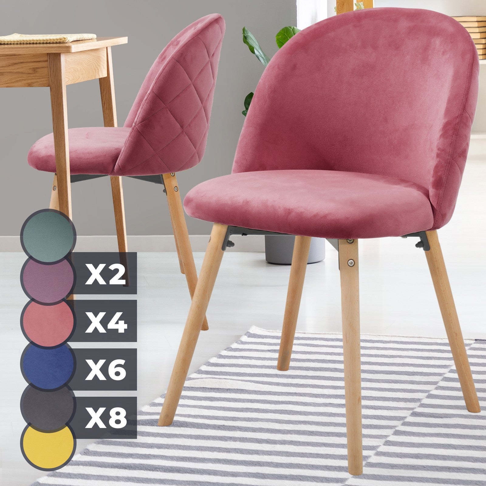 Billede af Spisebordsstole - lyserøde, sæt af 2, fløjlssæde, moderne, polstrede ben af bøgetræ, med ryglæn