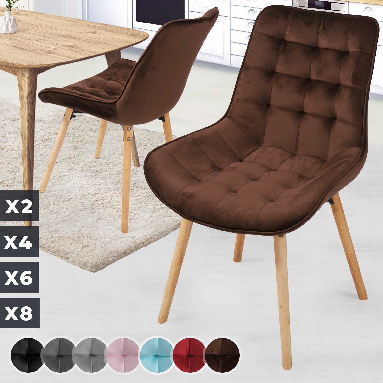 Billede af Spisebordsstole - brune, sæt af 2, fløjlssæde, polstret, quiltet, bøgetræ-ben, med ryglæn