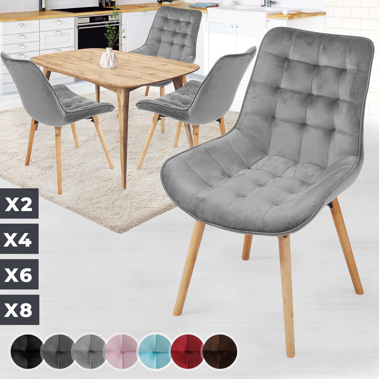 Se Spisebordsstole - lysegrå, sæt med 4, fløjlssæde, polstret, quiltet, bøgetræ-ben, med ryglæn hos Lammeuld.dk