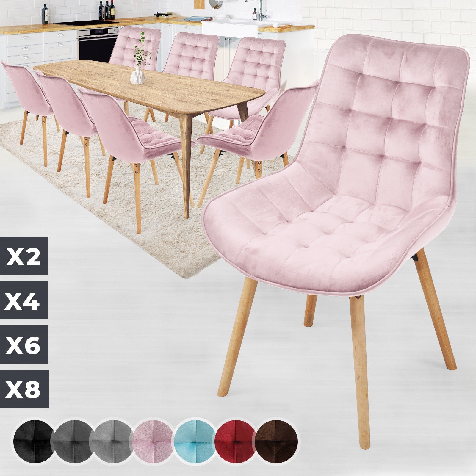 Billede af Spisebordsstole - pink, sæt med 8, fløjlssæde, polstret, quiltet, bøgetræ-ben, med ryglæn