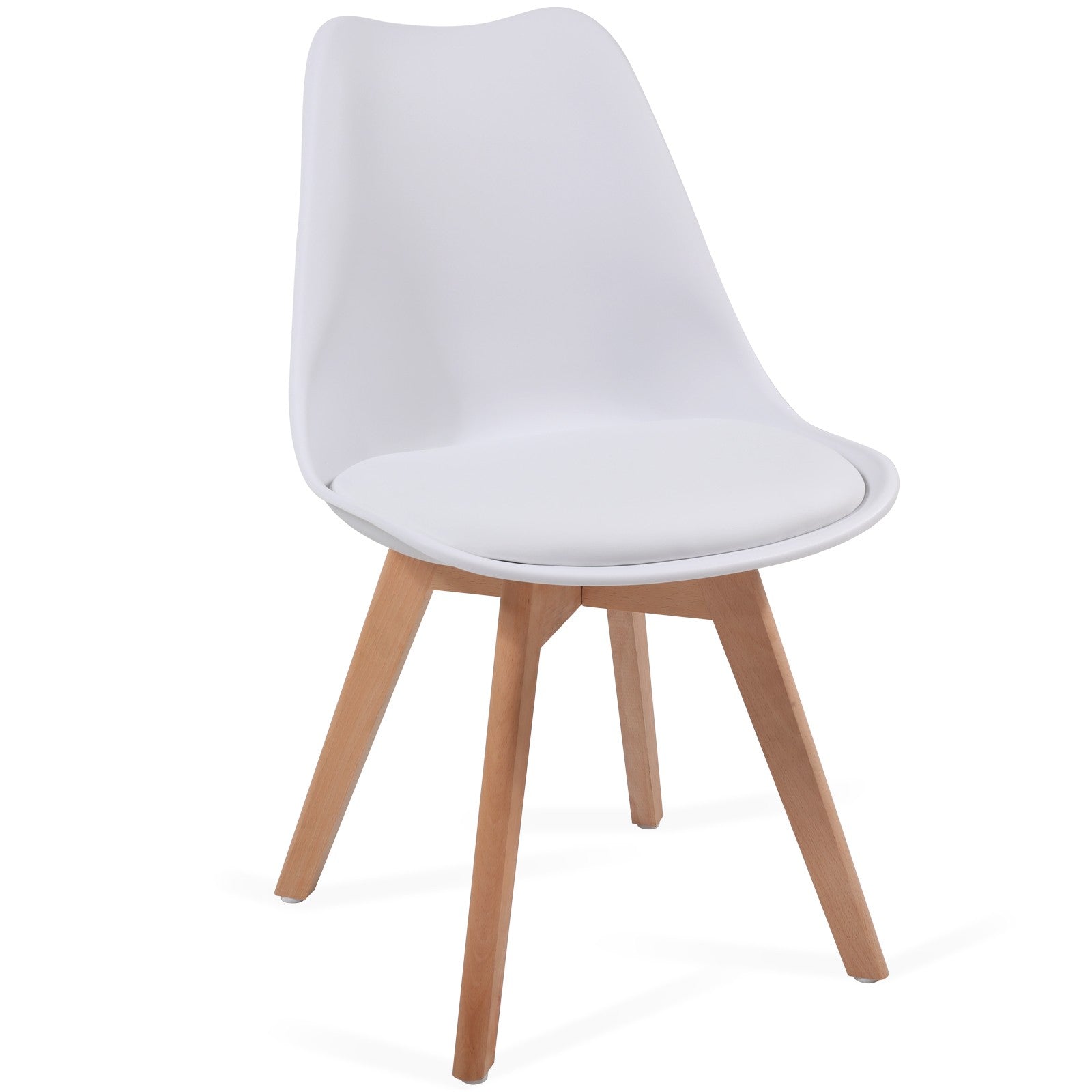 9: Spisebordsstole, sæt af 4, skandinavisk stil, betrukket med sædehynder, lavet af plast og massivt træ, hvid