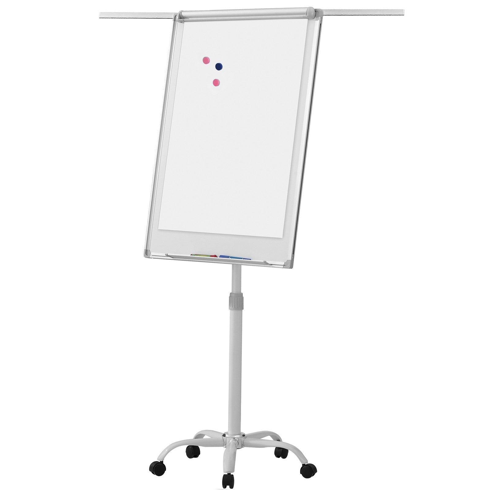 Billede af Magnetisk whiteboard / flipover, højdejusterbar, 90x60 cm, med stativ, pennebakke, udtrækbare sidearme, markør, tilbehør, hvid