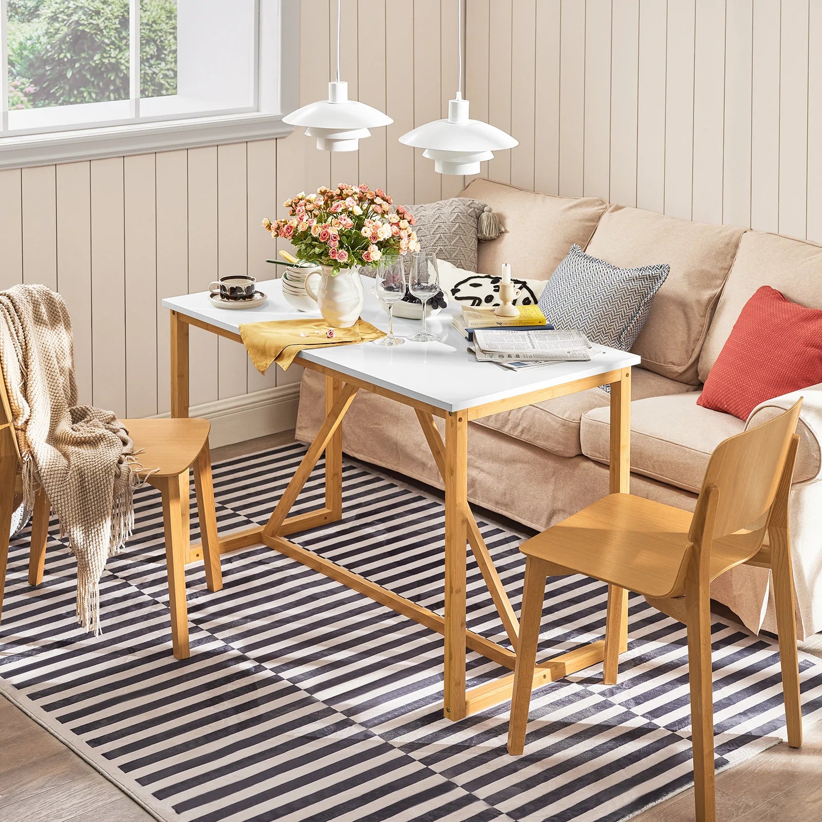 Spisebord i skandinavisk stil, 120 x 60 x 75 cm, hvid MDF og bambus