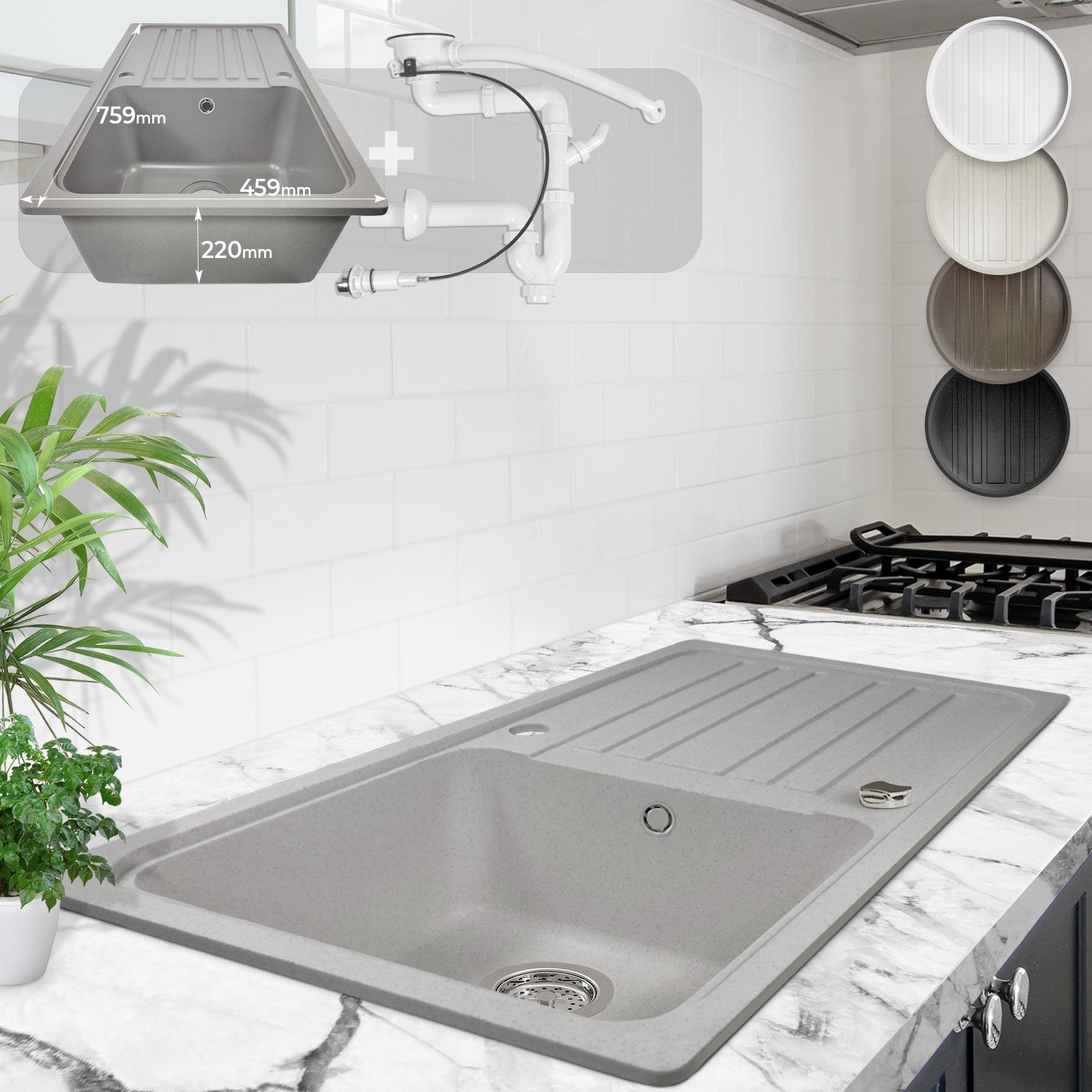 Køkkenvask i granit m/ afløb, vendbart afløb, rektangulært, vendbart, plettet, grå