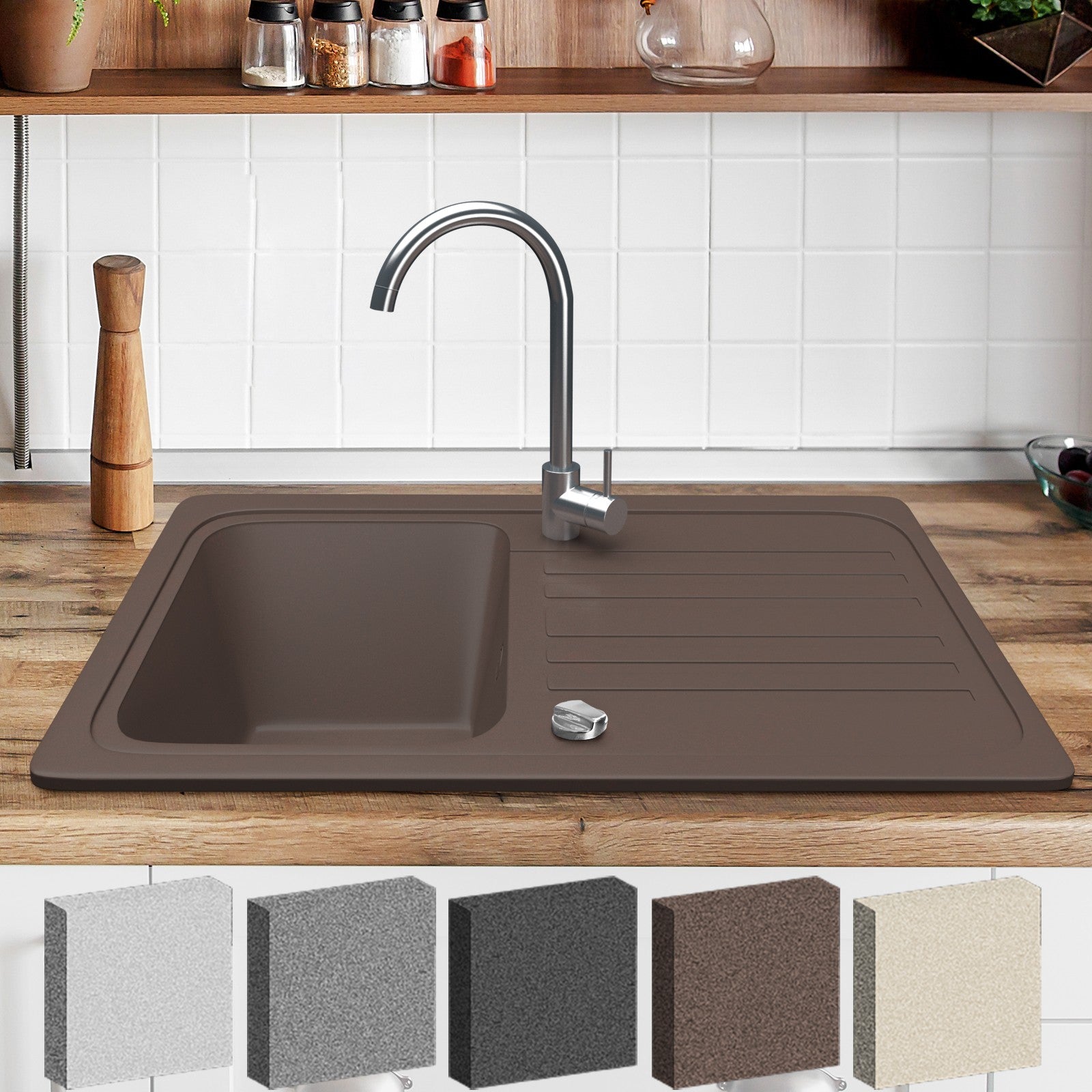 Billede af Aquamarin ® vask - granit, sæt, ca. 30" x 18", med afløb, armatur i rustfrit stål, vendbar aftrækker, rektangulær, brun - indbygget vask, vask, kompositvask, køkkenvask
