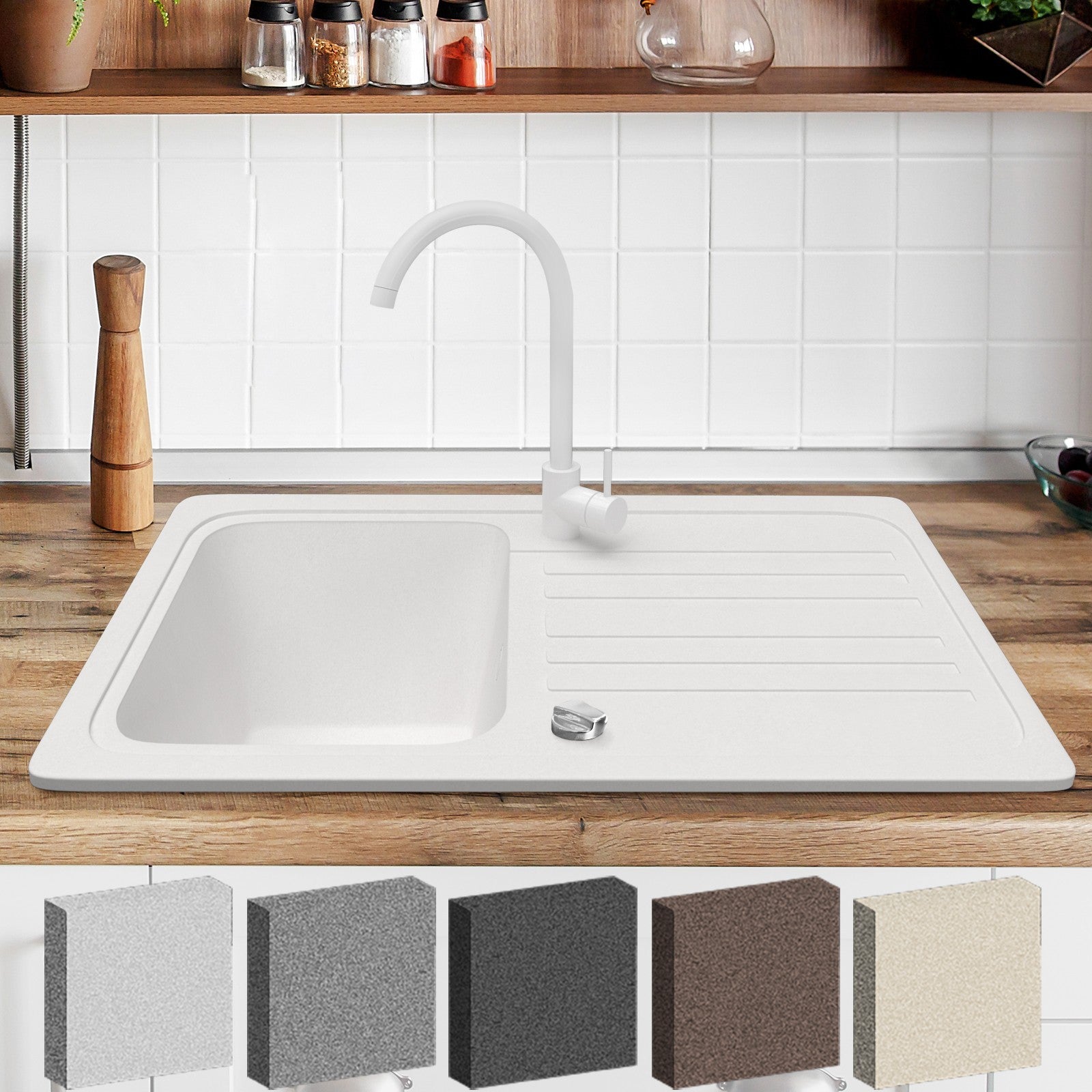 Billede af Køkkenvask - granitsæt ca. 30" x 18" m/ afløb, hvid vandhane, vendbar aftrækker, rektangel, hvid