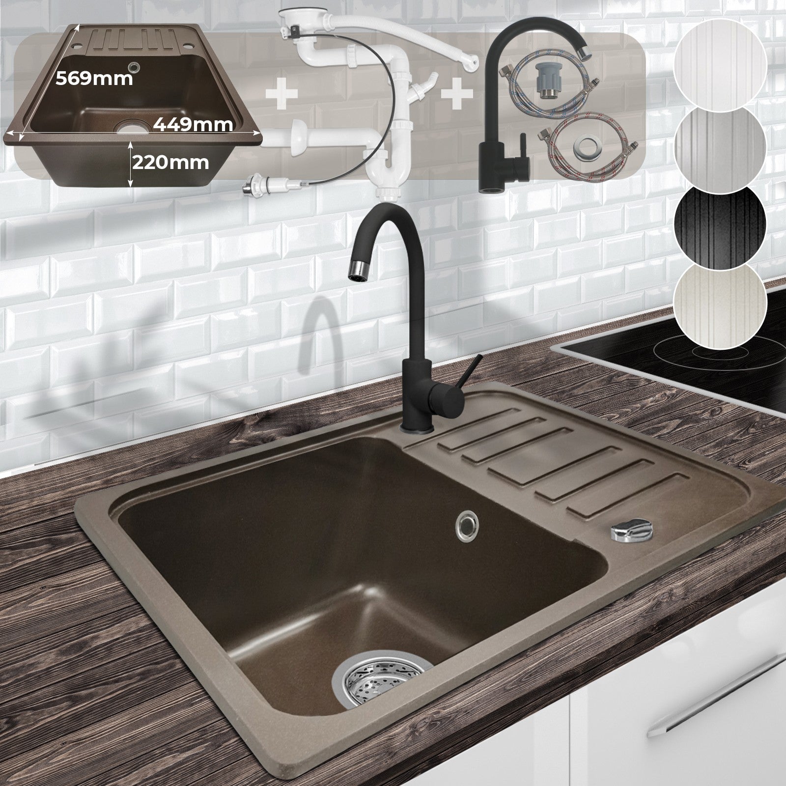 Køkkenvask med afløbsbakke, vandhane og vendbart afløbgranit, 569x220x449 mm, brun