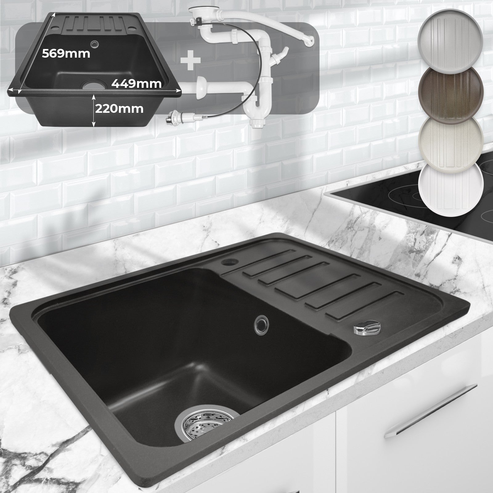 Billede af Køkkenvask i granit m/ pop-up afløb, vendbar, afløb, rektangulær, sort