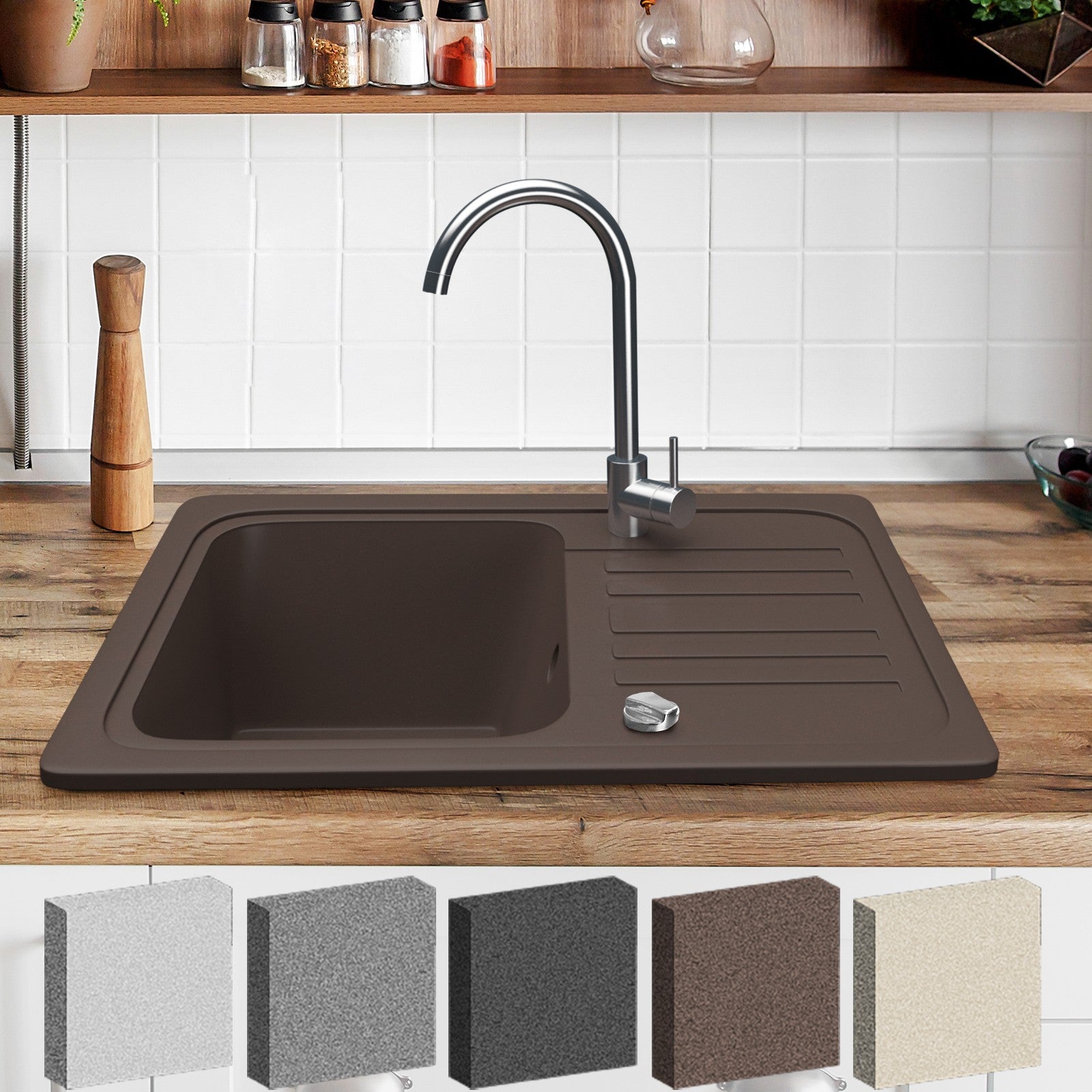 Se Køkkenvask i granitsæt m/ afløb, armatur i rustfrit stål, vendbar aftrækker, rektangel, brun hos Lammeuld.dk