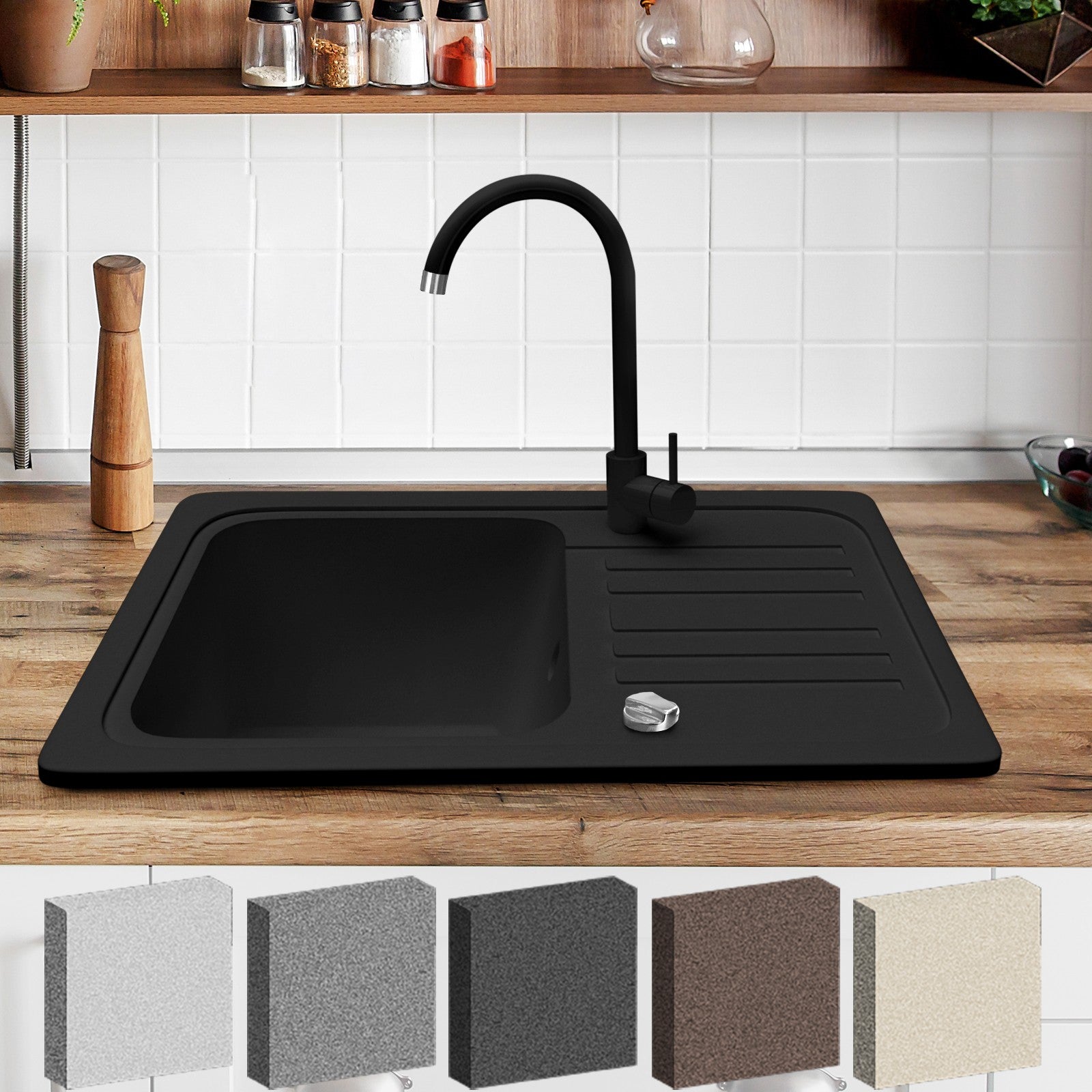 Køkkenvask - granitsæt ca. 22,5" x 17,75" m/ afløb, sort vandhane, vendbart afløb, rektangel, sort