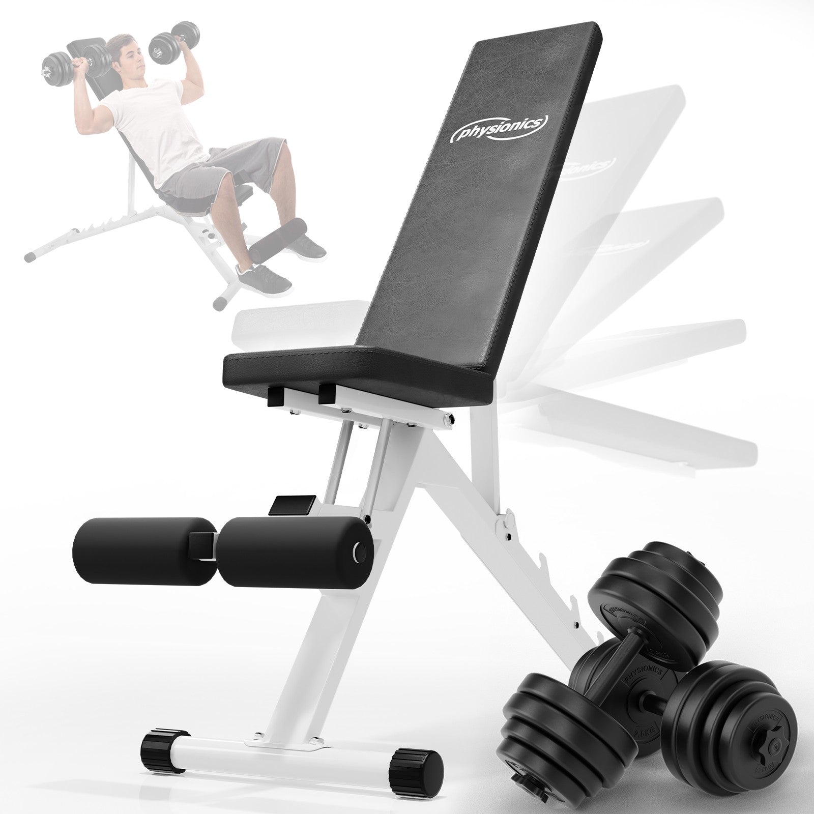 Multifunktionsvægtbænk + håndvægtsæt 30 kg (2 x 15 kg) - justerbar, foldbar, inkl. 16 vægte