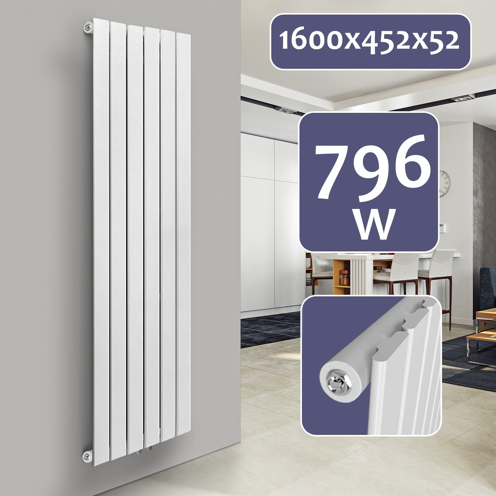 Se Aquamarine ® Design Radiator - Lodret, Enkeltlag, 6 Segmenter, 1600x452x52mm, hvid hos Lammeuld.dk