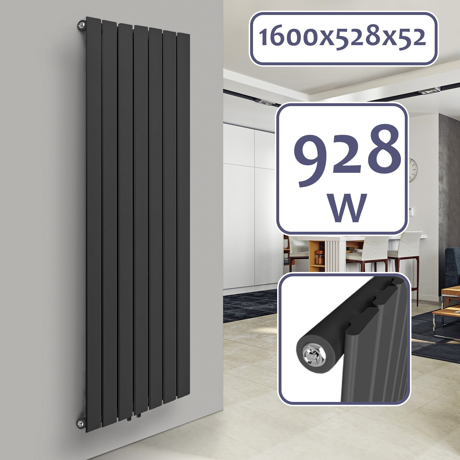 Se Aquamarine ® radiator, lodret flad, enkeltlags, 1600 x 528 mm, 928W, antracit hos Lammeuld.dk