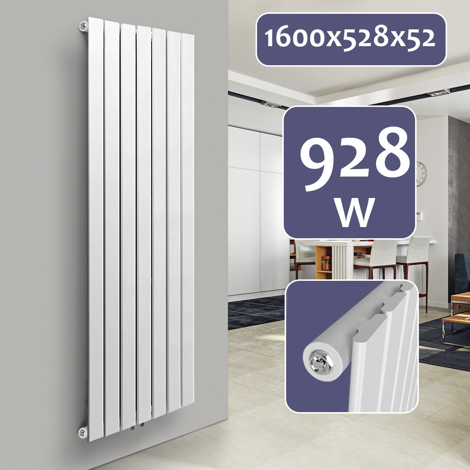 AquamarinÂ® Design Radiator - Lodret, Enkeltlag, 7 Segmenter, 1600x528x52 mm, Centralvarme, Hvid