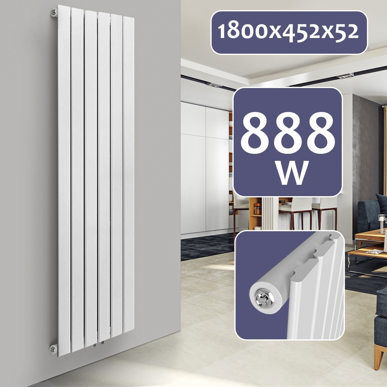 #3 - AquamarinÂ® designradiator - lodret, enkelt lag, 6 segmenter, 1800x452x52 mm, centralvarme, hvid