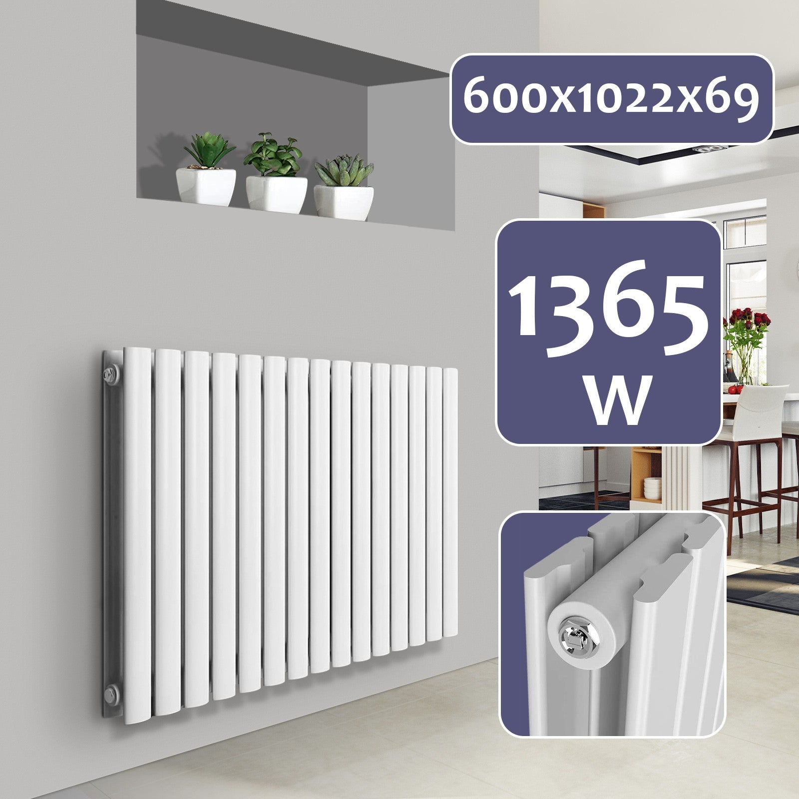 AquamarineÂ® Design Radiator - Vandret, Dobbeltlag, 30 Segmenter, 600x1022x69 mm, Centralvarme, Hvid - Panelradiator, Flad Radiator, Vægradiator