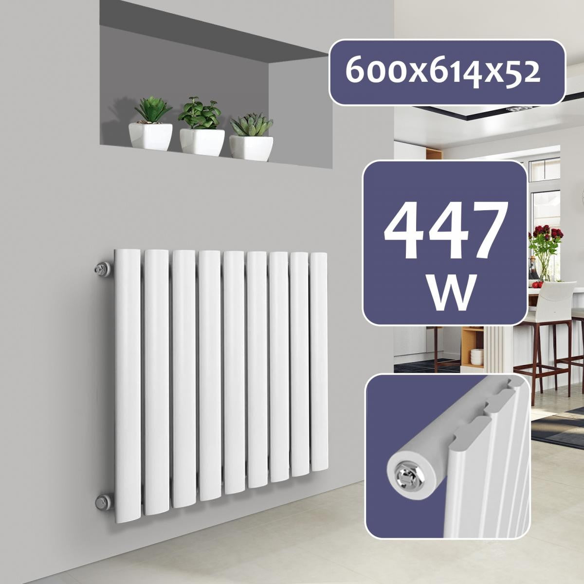8: AquamarineÂ® radiator - vandret, enkeltlag, 9 segmenter, 600x614x52 mm, centralvarme, hvid