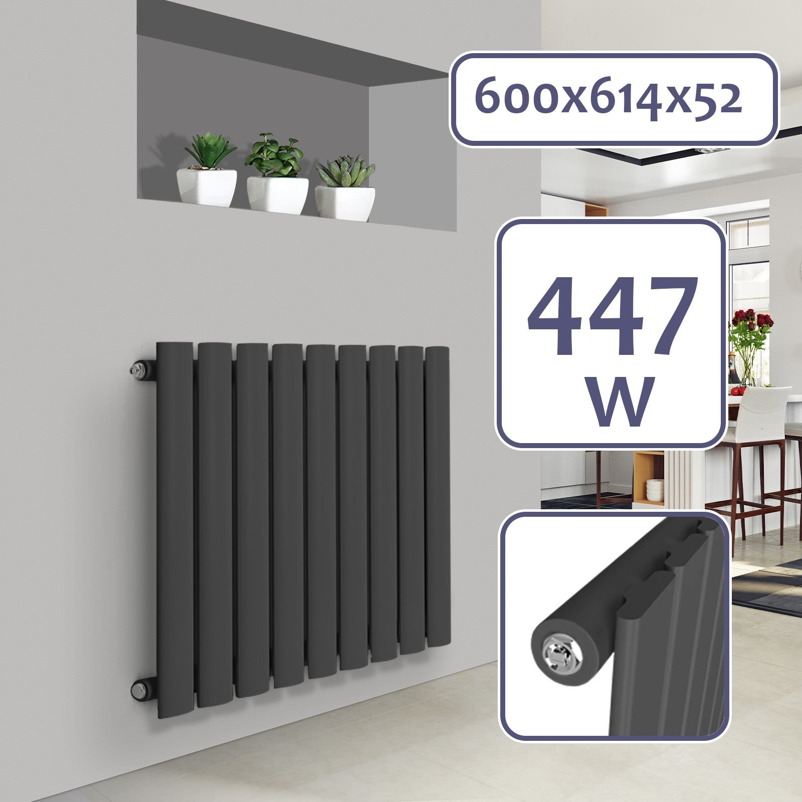 AquamarineÂ® radiator - vandret, 600 x 614 mm, 447W, stål, antracit