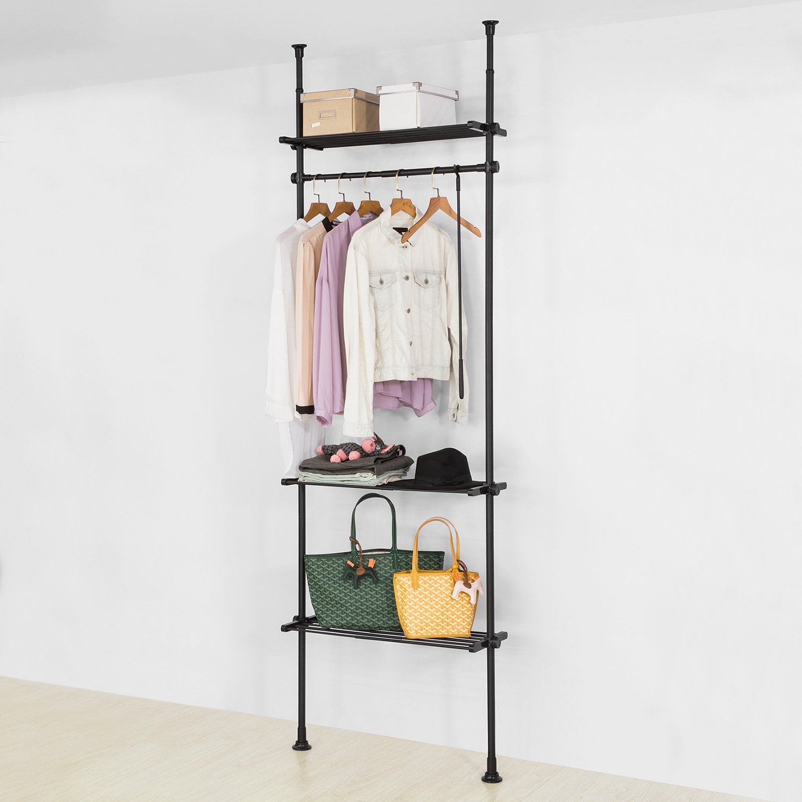 Walk-in closet modular garderobe med teleskopstænger, sort