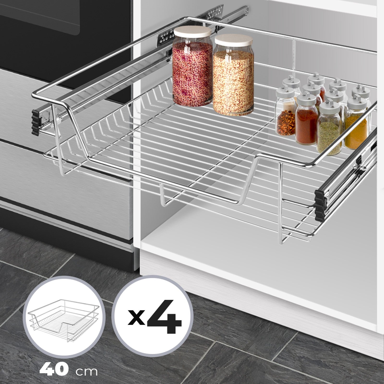 Se Teleskopskuffe - inklusive skinner, til skabsbredde 40 cm, sæt af 4, forkromet hos Lammeuld.dk