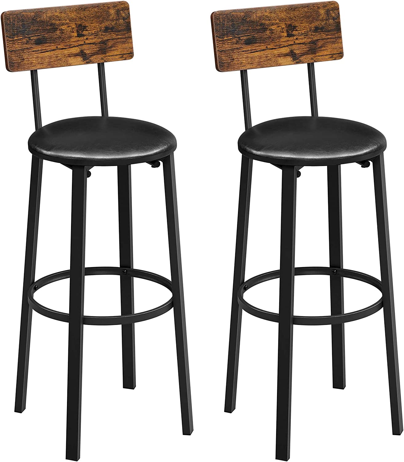 Se Sæt af 2 barstole med fodstøtte, 39x39x100cm, vintage brun/sort PU-betræk hos Lammeuld.dk