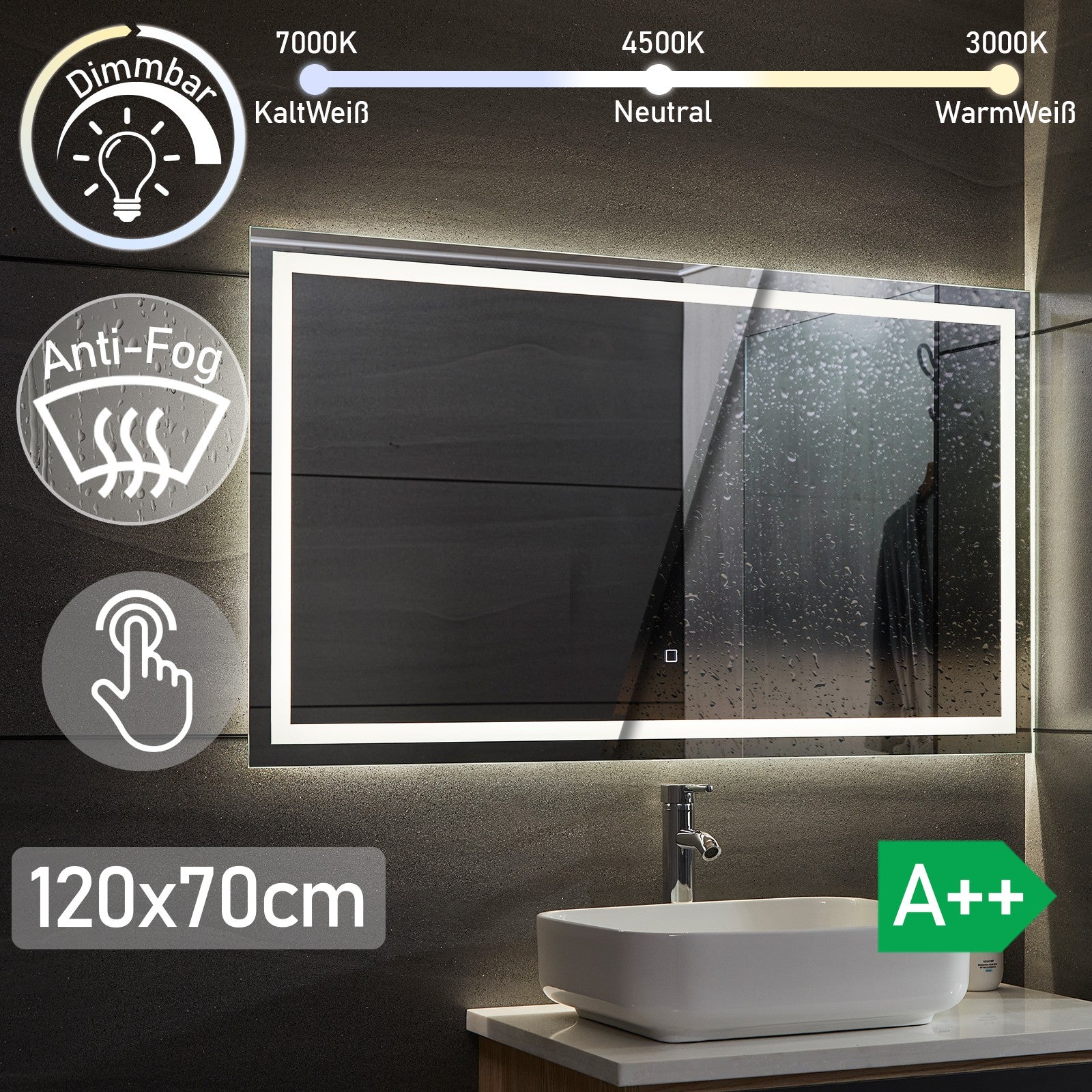 AquamarineÂ® LED badeværelsesspejl, 120 x 70 cm, dugfrit, dæmpbart, makeupspejl