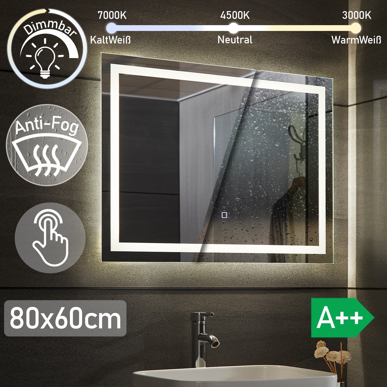 Billede af Aquamarine ® LED badeværelsesspejl, 80 x 60 cm, dugfrit, dæmpbart med touch, makeupspejl