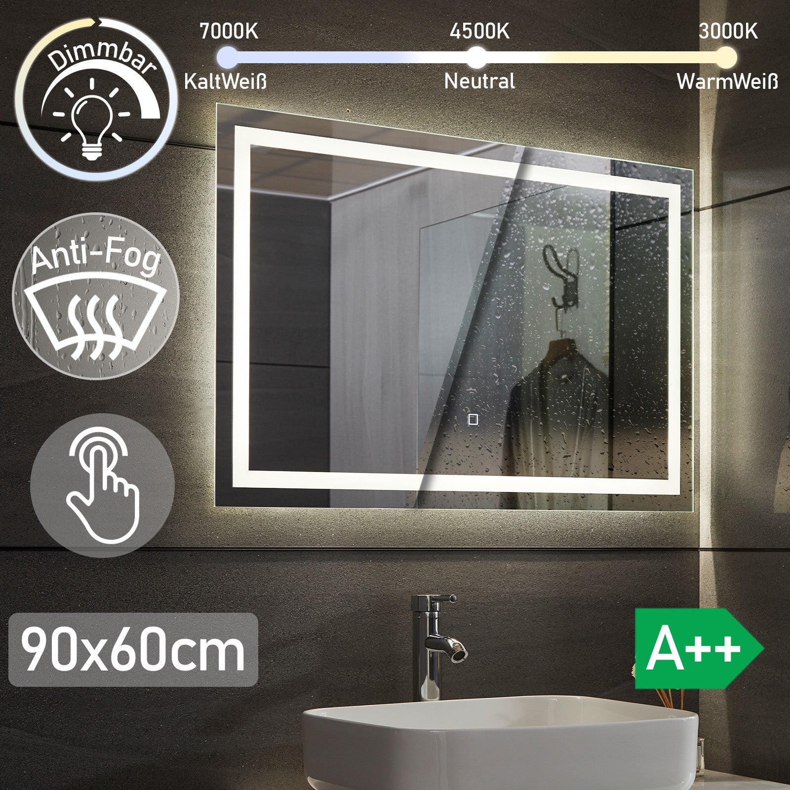 AquamarineÂ® LED badeværelsesspejl, 90 x 60 cm, dugfrit, dæmpbart, makeupspejl med led touch funktion