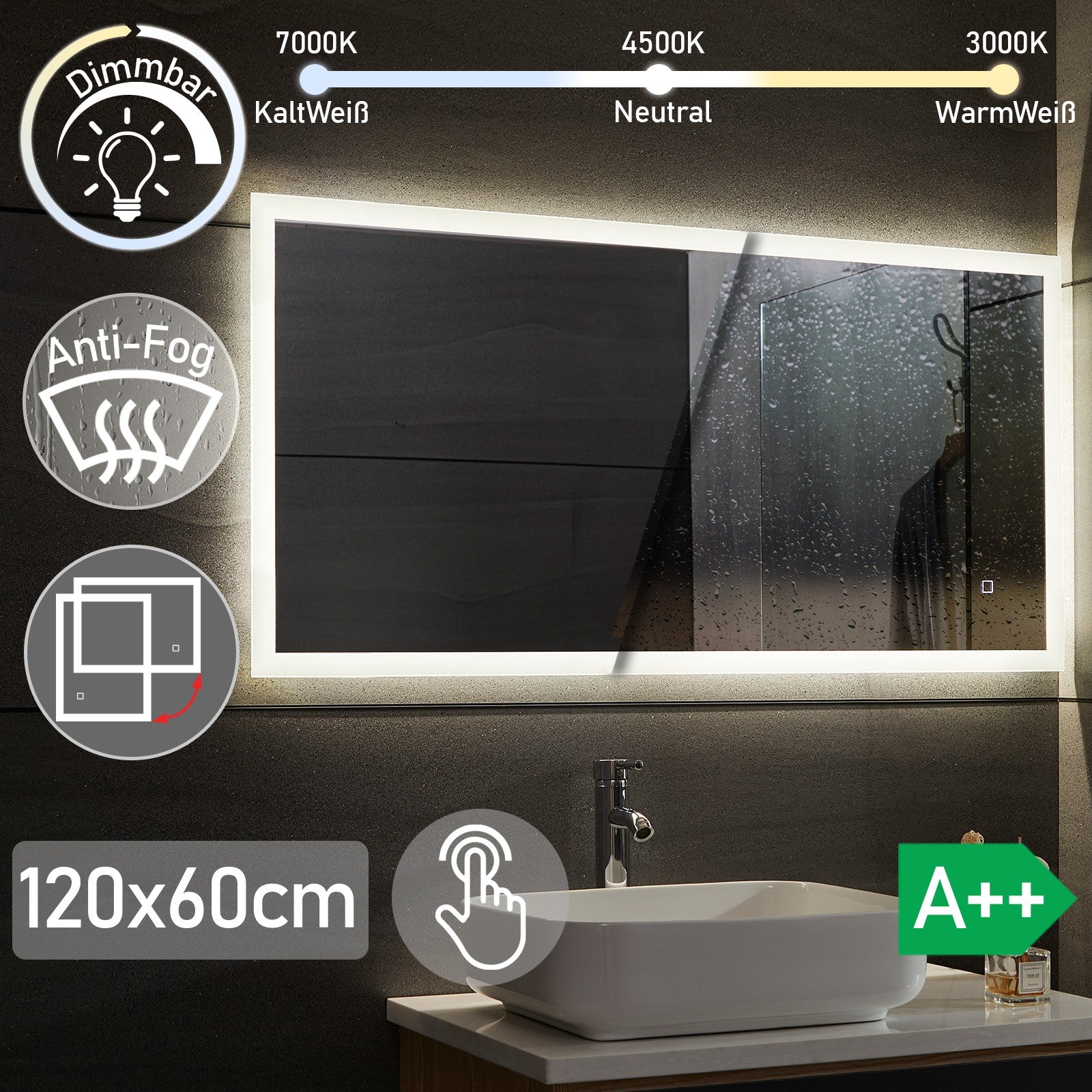 AquamarineÂ® LED badeværelsesspejl - 120x60 cm, dugfrit, dæmpbart med LED touch funktion