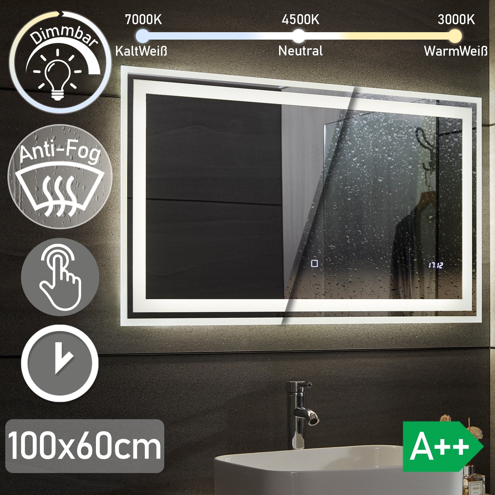 AquamarineÂ® LED badeværelsesspejl - 120x60 cm, dugfrit, dæmpbart, energibesparende, digitalt ur og dato