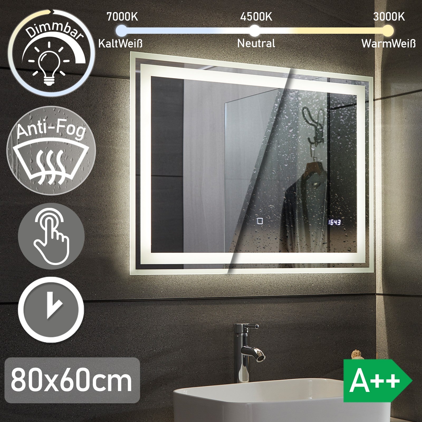 Se Aquamarine ® LED badeværelsesspejl, 80x60 cm, dugfrit, dæmpbart, med digitalt ur/dato, makeupspejl med led hos Lammeuld.dk