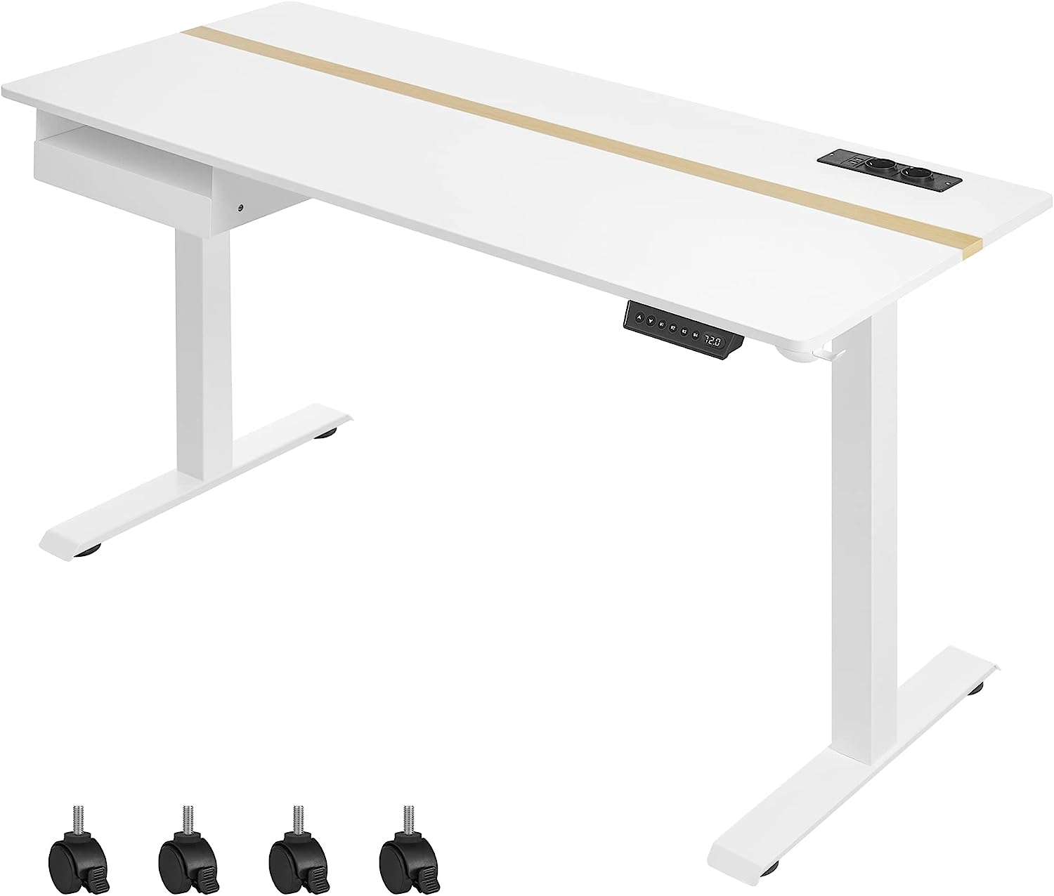 Billede af Elektrisk justerbart skrivebord med stik og skuffe, 60x140 cm, hvid