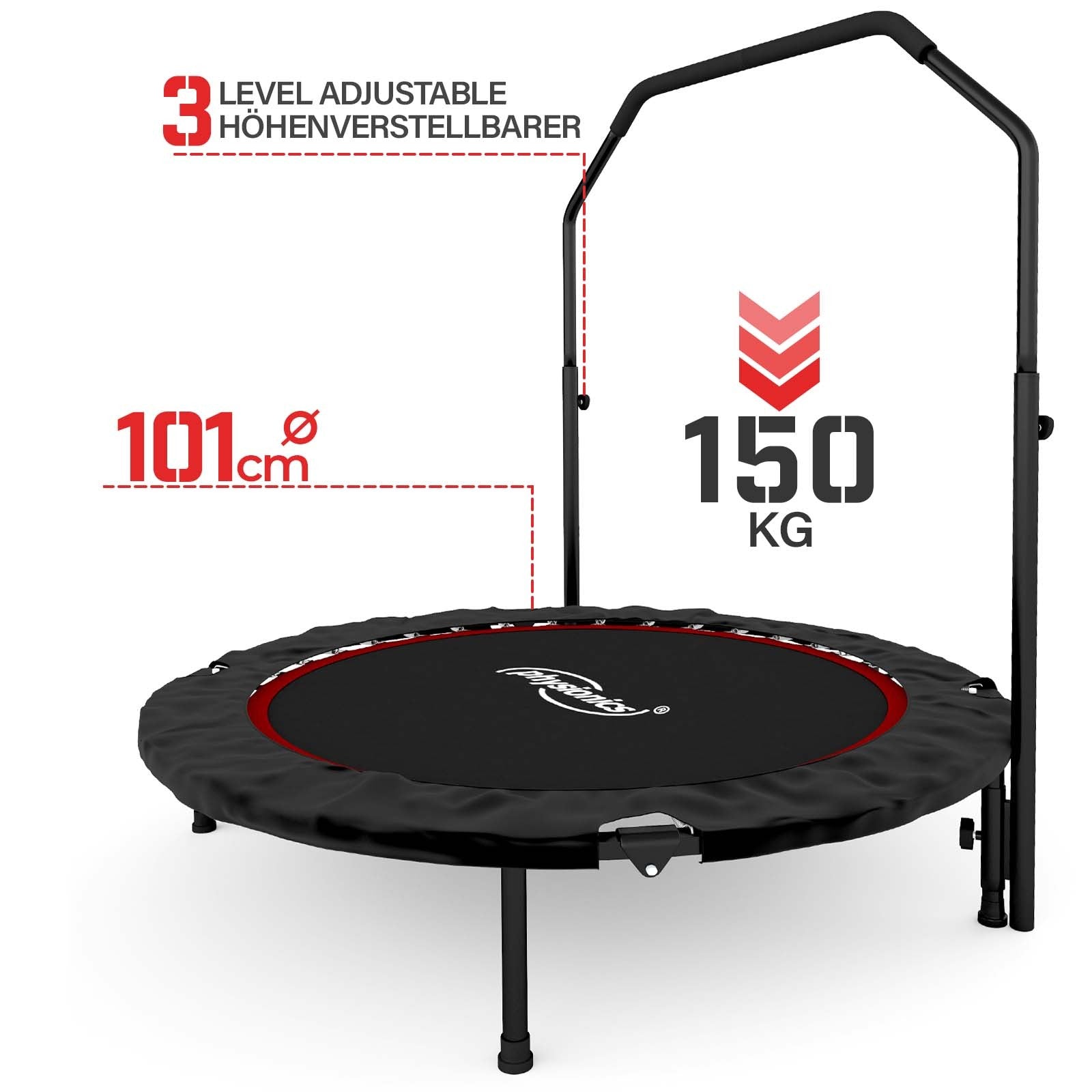 Se Fitness Trampolin - 101 cm, højdejusterbart håndtag, op til 150 kg, foldbar, sort/rød hos Lammeuld.dk