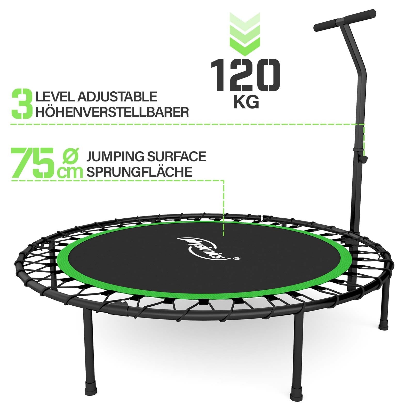 Se Fitness Trampolin - 101cm, højdejusterbart håndtag, gummitov, op til 120 kg, foldbar, sort/grøn hos Lammeuld.dk