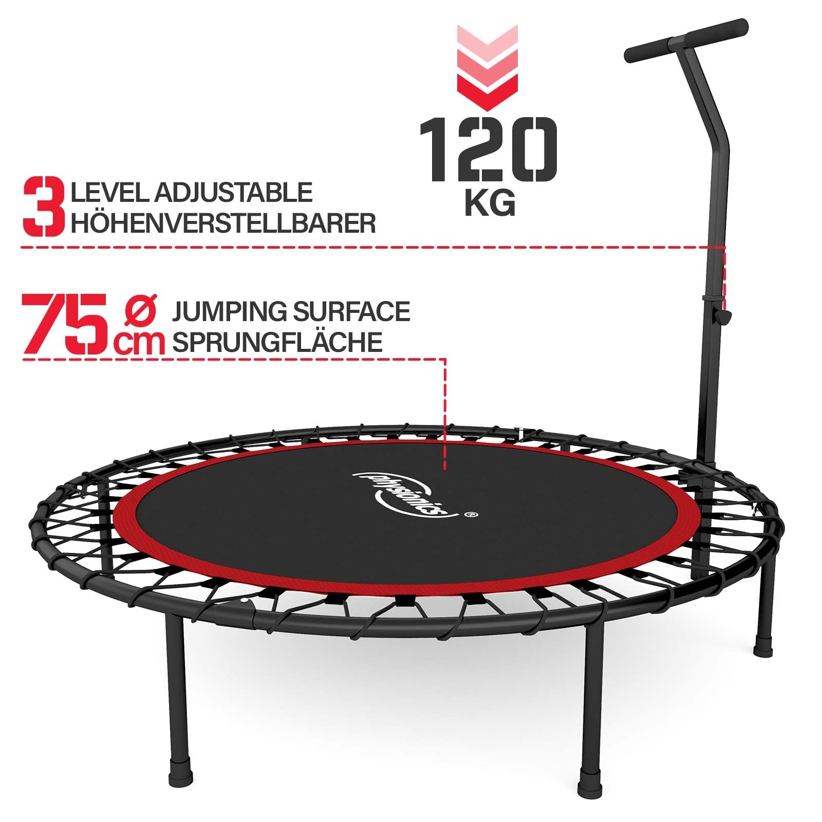 Se Fitness Trampolin - Ø 101cm, højdejusterbart håndtag, gummitov, op til 120 kg, sort/rød hos Lammeuld.dk